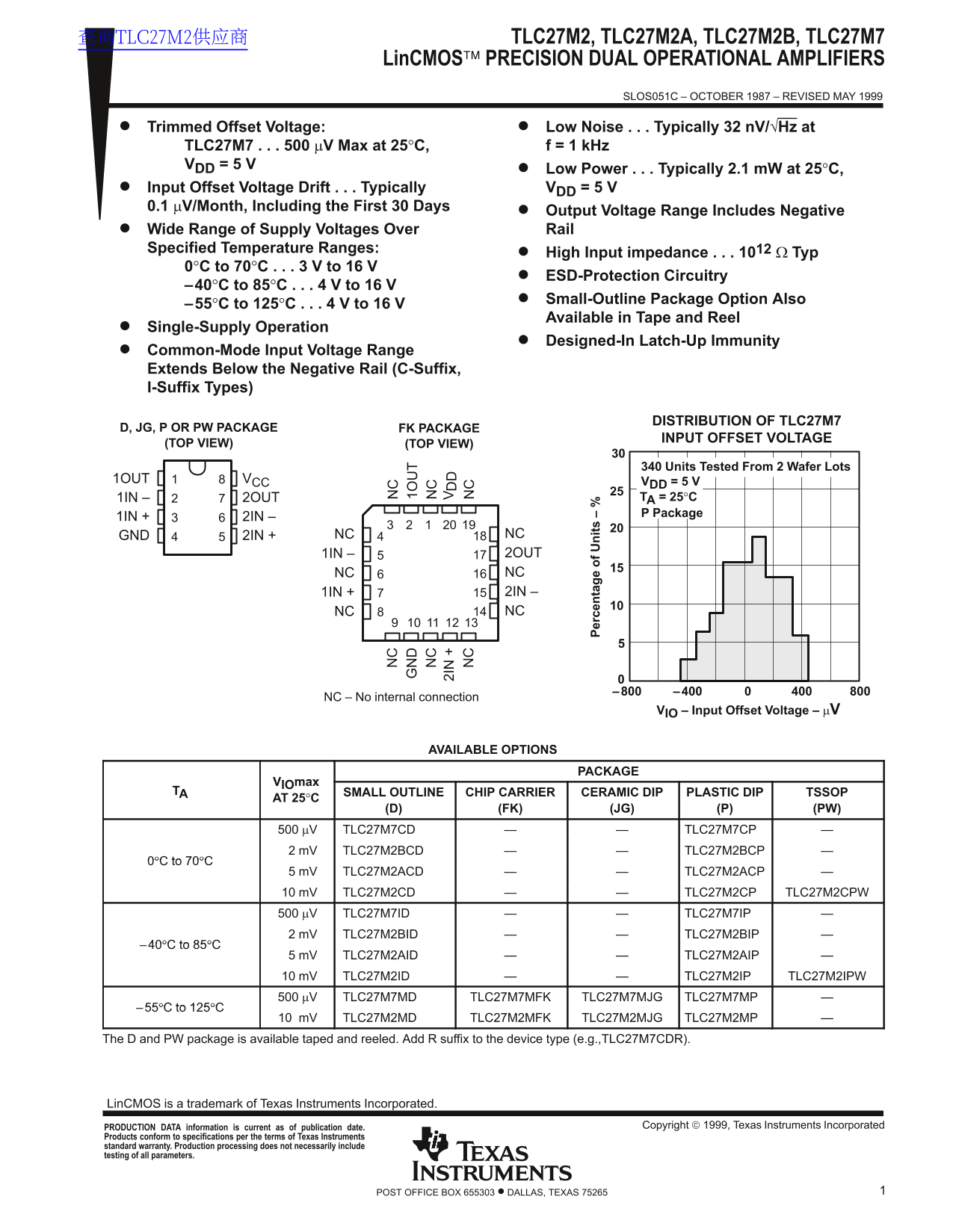 Texas Instruments TLC27M2, TLC27M2A, TLC27M2B, TLC27M7 LinCMOS PRECISION DUAL OPERATIONAL AMPLIFIERS Data Sheet User Manual - Page 1