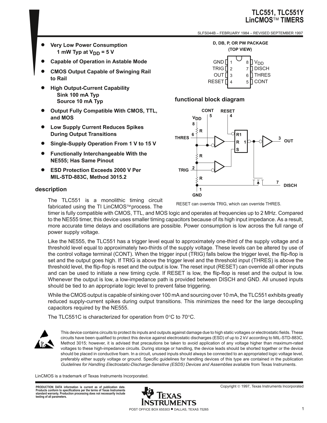 Texas Instruments - TLC551, TLC551Y Data Sheet - Page 1