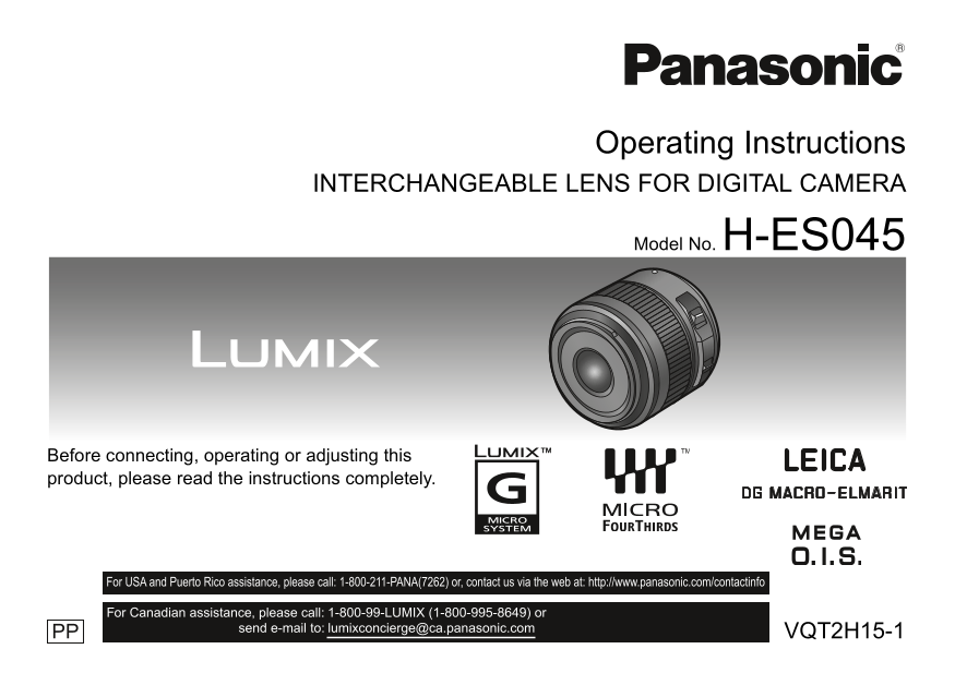 Panasonic H-ES045 User Manual and Instruction Book (Part 1) - Page 1