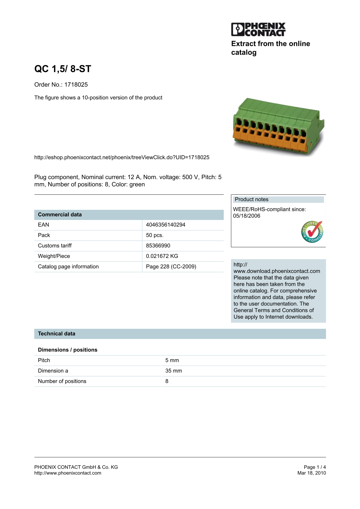 Phoenix Contact QC 1,5 8-Position Order No. 1718025 - Data Manual / Technical Specifications - Page 1