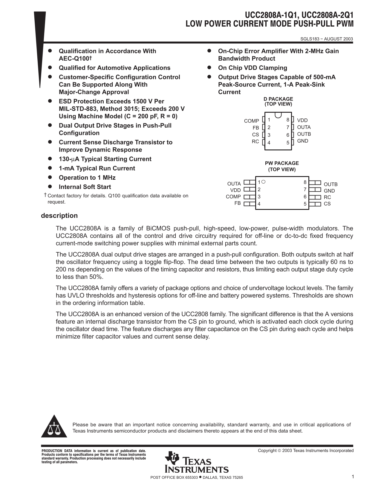 TI Texas Instruments UCC2808A-1Q1 Data Sheet Manual - Page 1