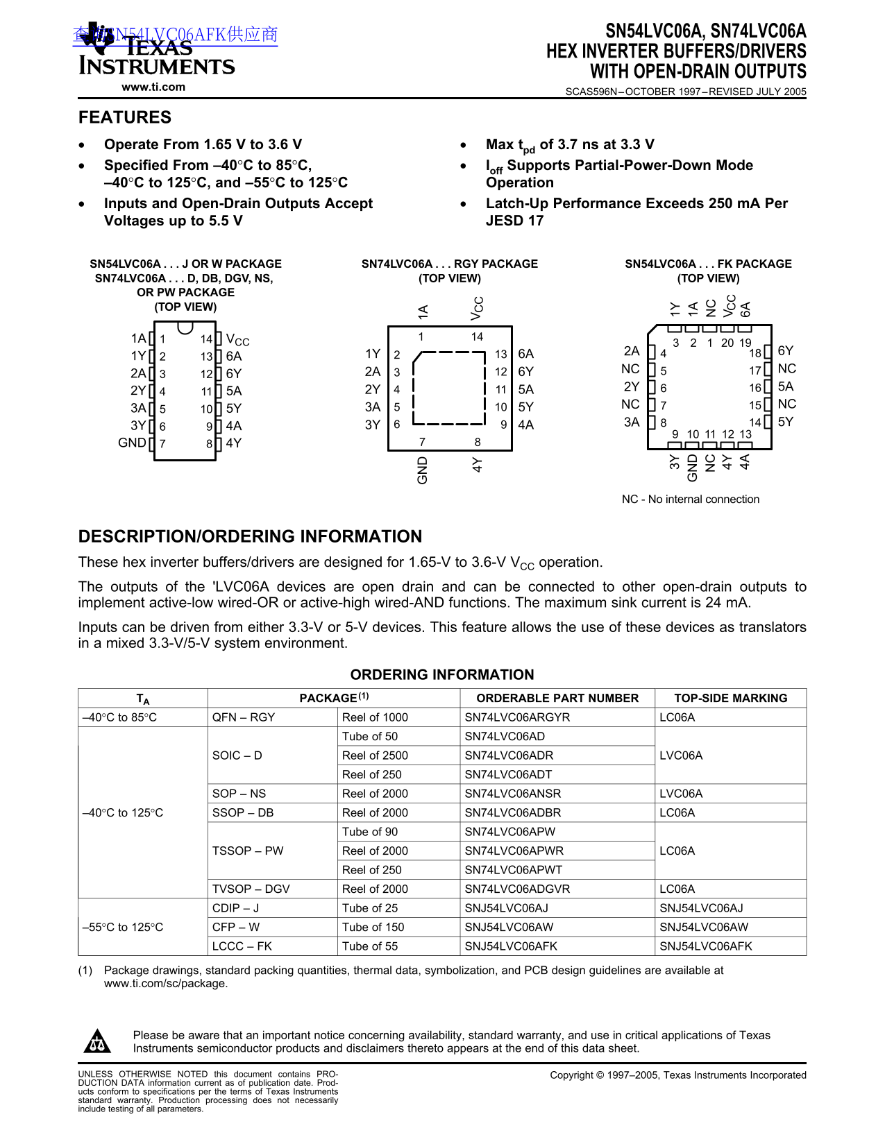 Texas Instruments SN54LVC06A, SN74LVC06A Hex Inverter Buffers Drivers with Open-Drain Outputs Data Sheet Manual User Guide - Page 1