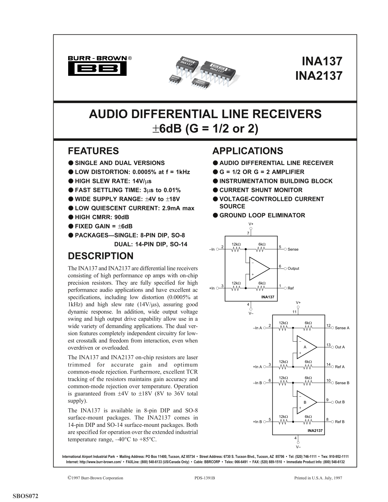 Texas Instruments INA137 INA2137 Audio Differential Line Receivers ±6dB (G = 1/2 or 2) Data Sheet User Manual - Page 1