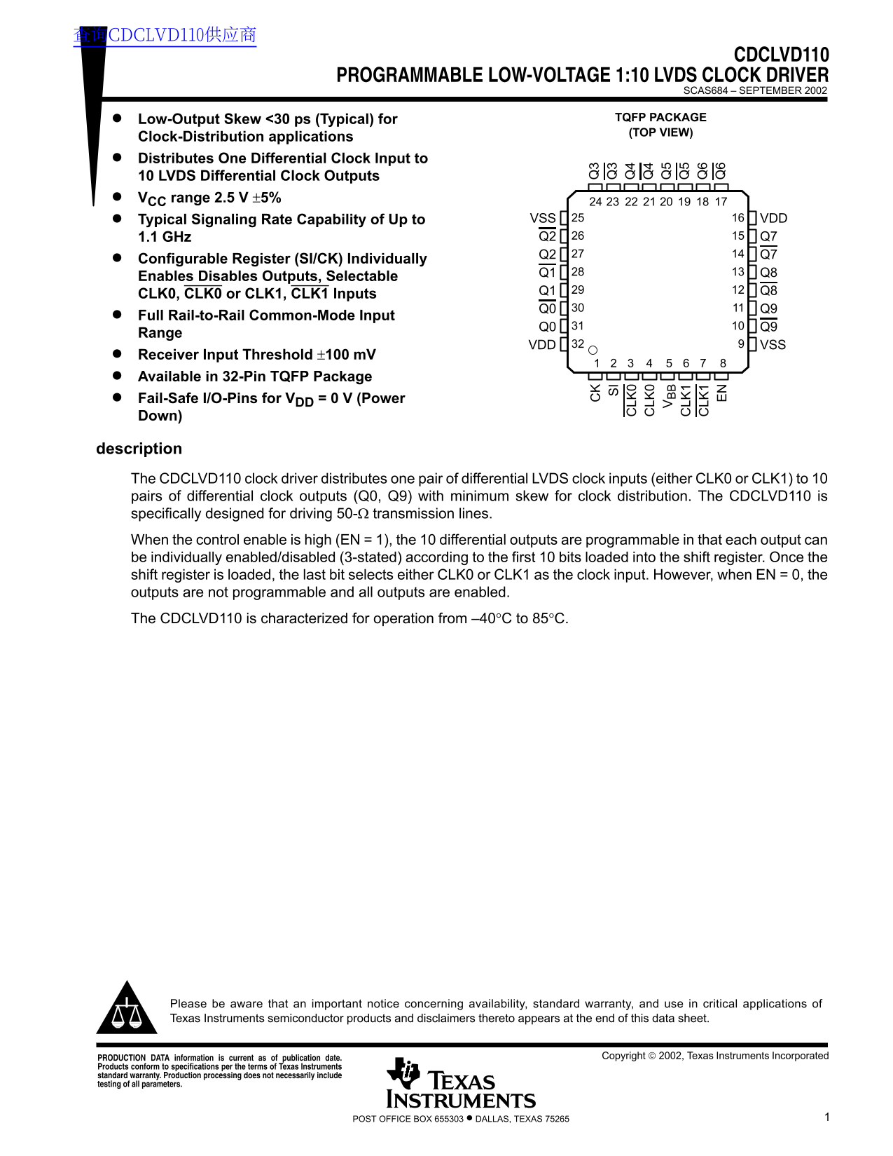 Texas Instruments CDCLVD110 Programmable Low-Voltage 1-10 LVDS Clock Driver - Page 1