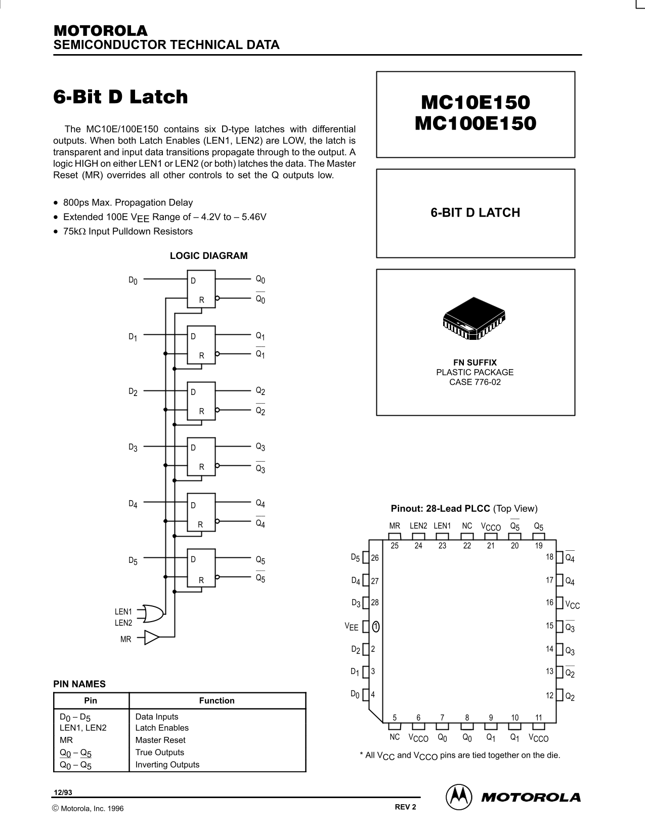 Motorola Semiconductor MC10E150 MC100E150 Data Sheet User Manual - Page 1