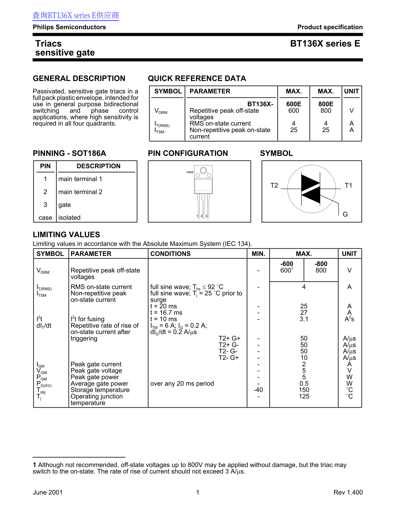 Philips Semiconductors BT136X series Electrical Data Handbook - Page 1