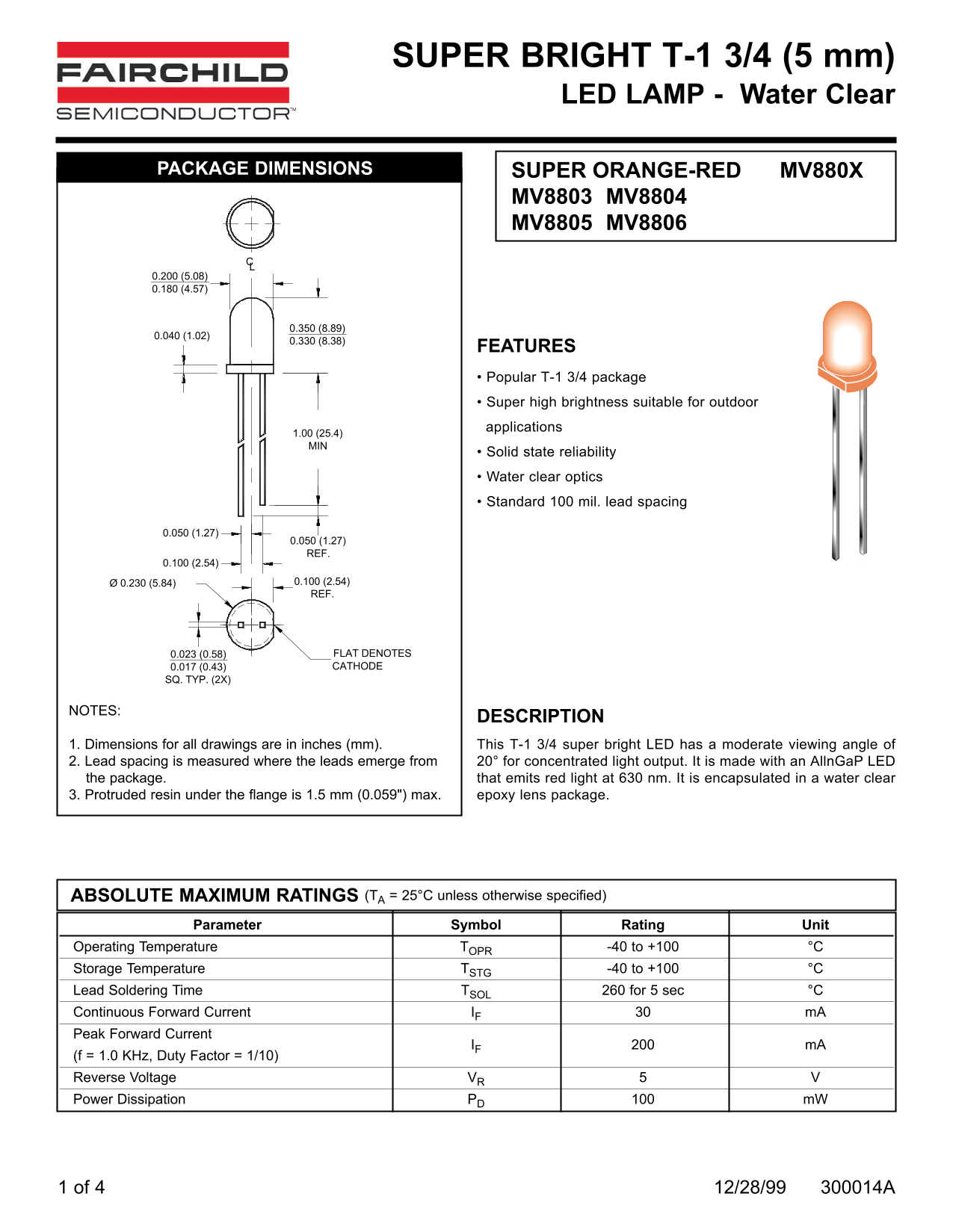 Fairchild Super Bright T-1 3 4 5 mm LED Lamp - Water Clear Technical Manual - Page 1