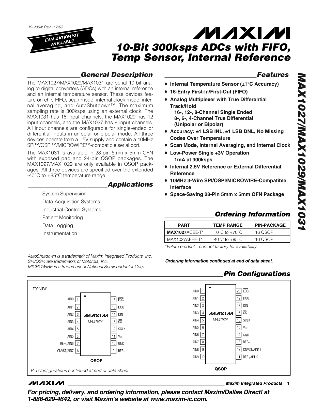 Dell MAXIM MAX1027 MAX1029 MAX1031 10-Bit 300ksps ADCs with FIFO, Temp Sensor, Internal Reference User Manual and Data Sheet - Page 1