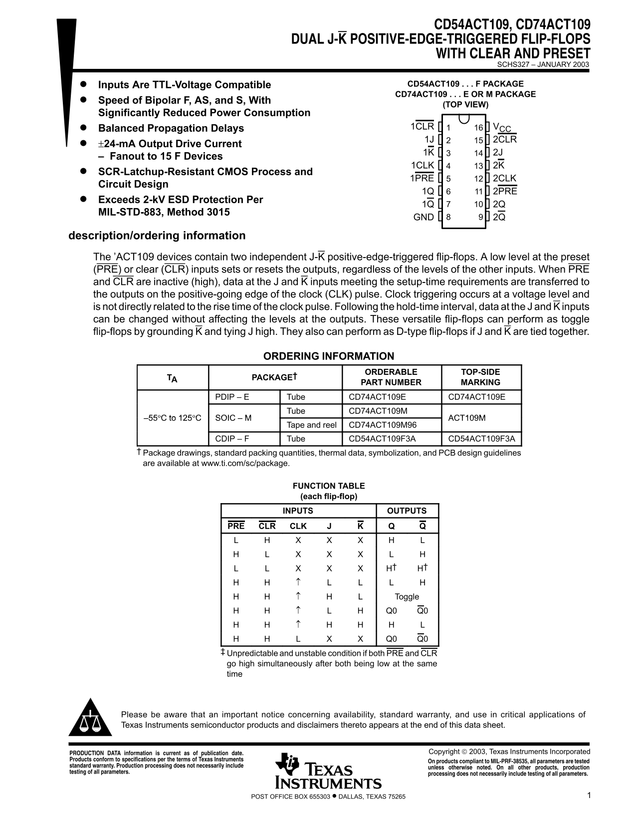 TEXAS INSTRUMENTS CD54ACT109, CD74ACT109 DUAL J- K POSITIVE-EDGE-TRIGGERED FLIP-FLOPS WITH CLEAR AND PRESET OWNER'S MANUAL - Page 1