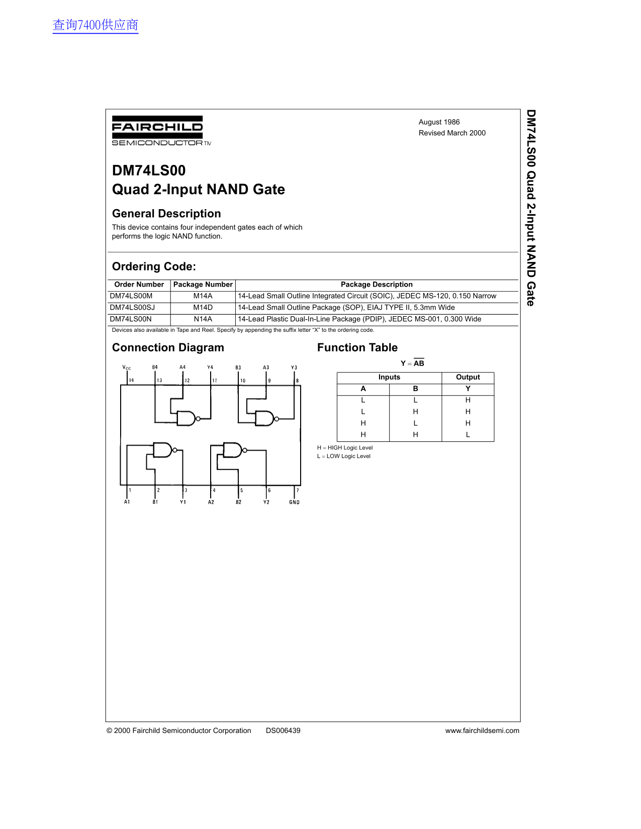 Fairchild DM74LS00 Quad 2-Input NAND Gate Data Sheet - Page 1