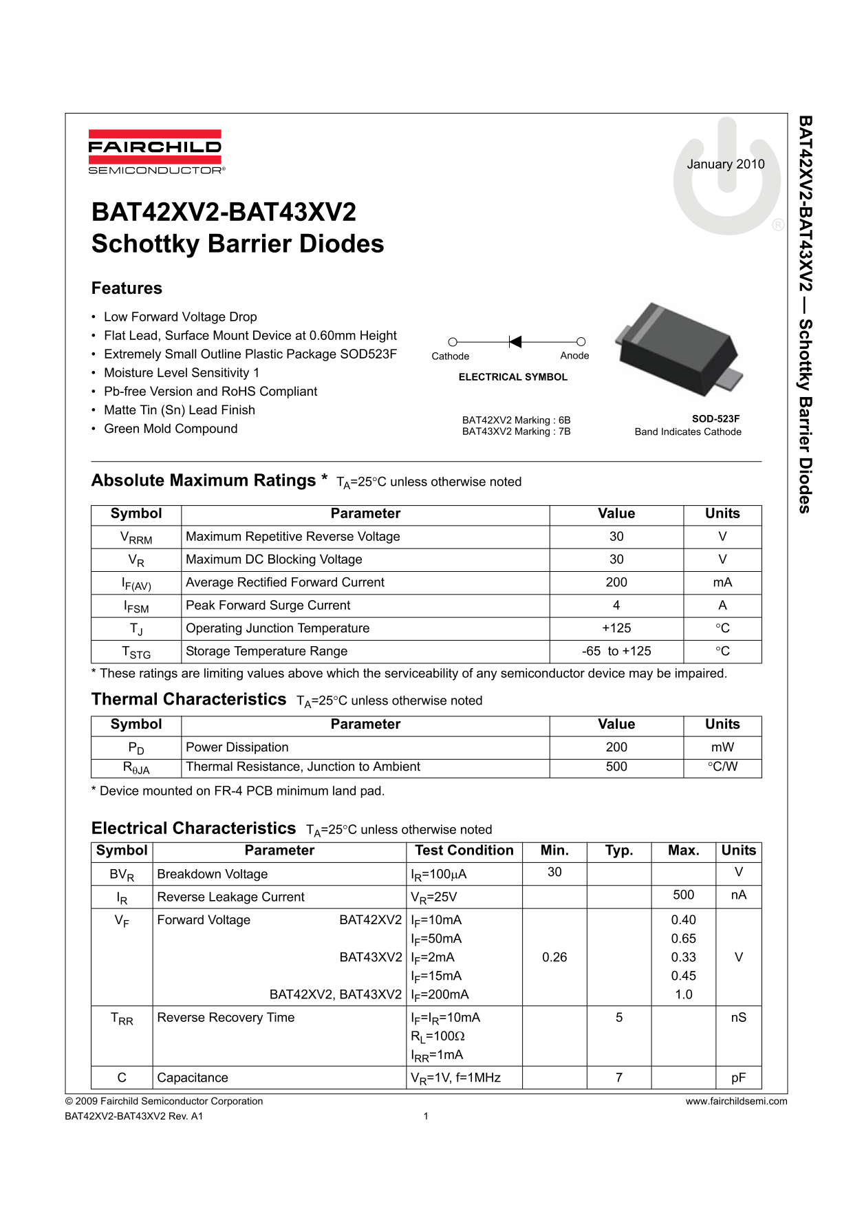Fairchild BAT42XV2, BAT43XV2 Schottky Barrier Diodes Data Manual - Page 1