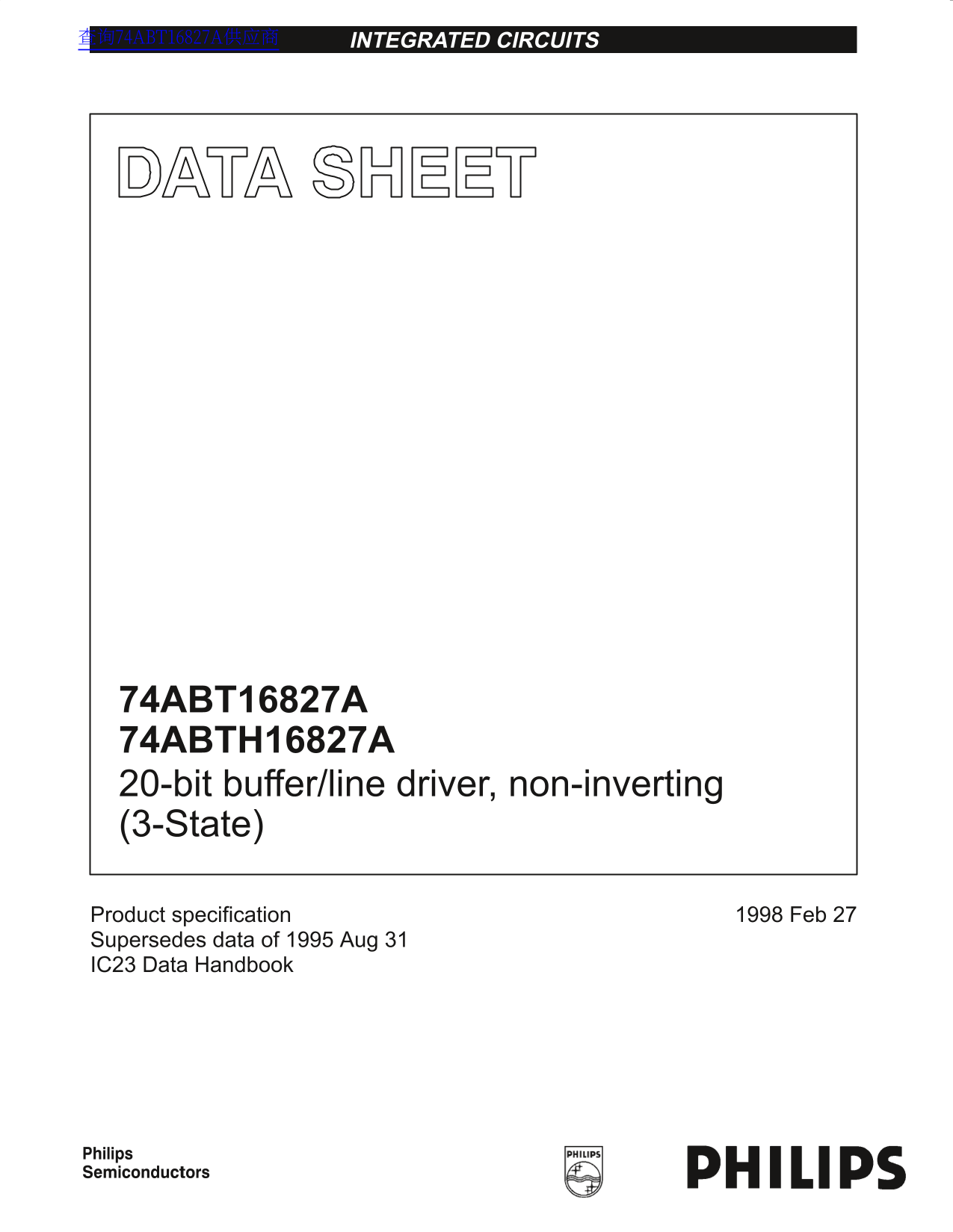 Philips 74ABT16827A 74ABTH16827A 20-bit Buffer Line Driver, Non-Inverting (3-State) Data Sheet User Manual - Page 1