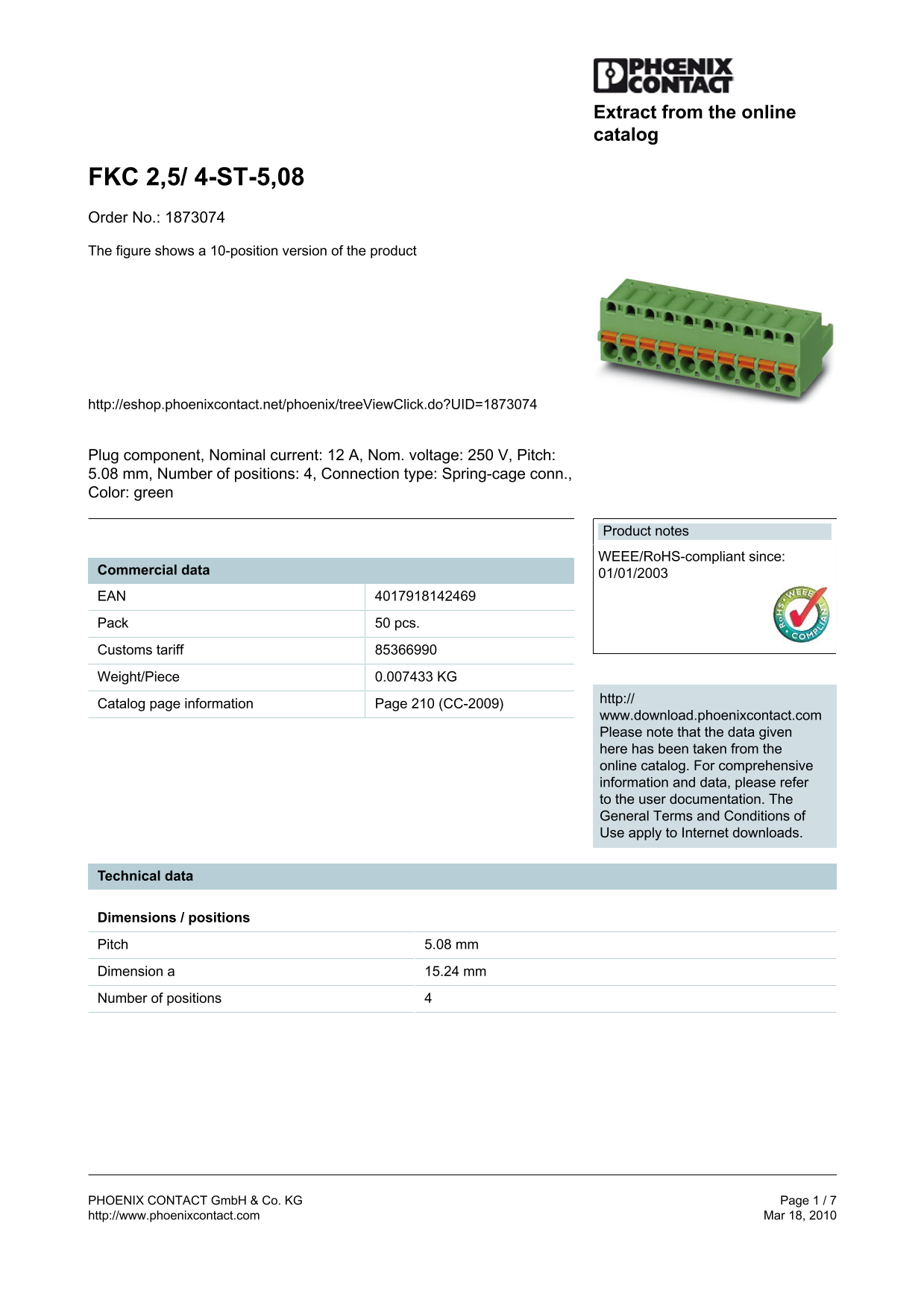 Phoenix Contact FKC 2,5 4-ST-5,08 Order No. 1873074 Product Data Handbook - 10-Position Version - Page 1