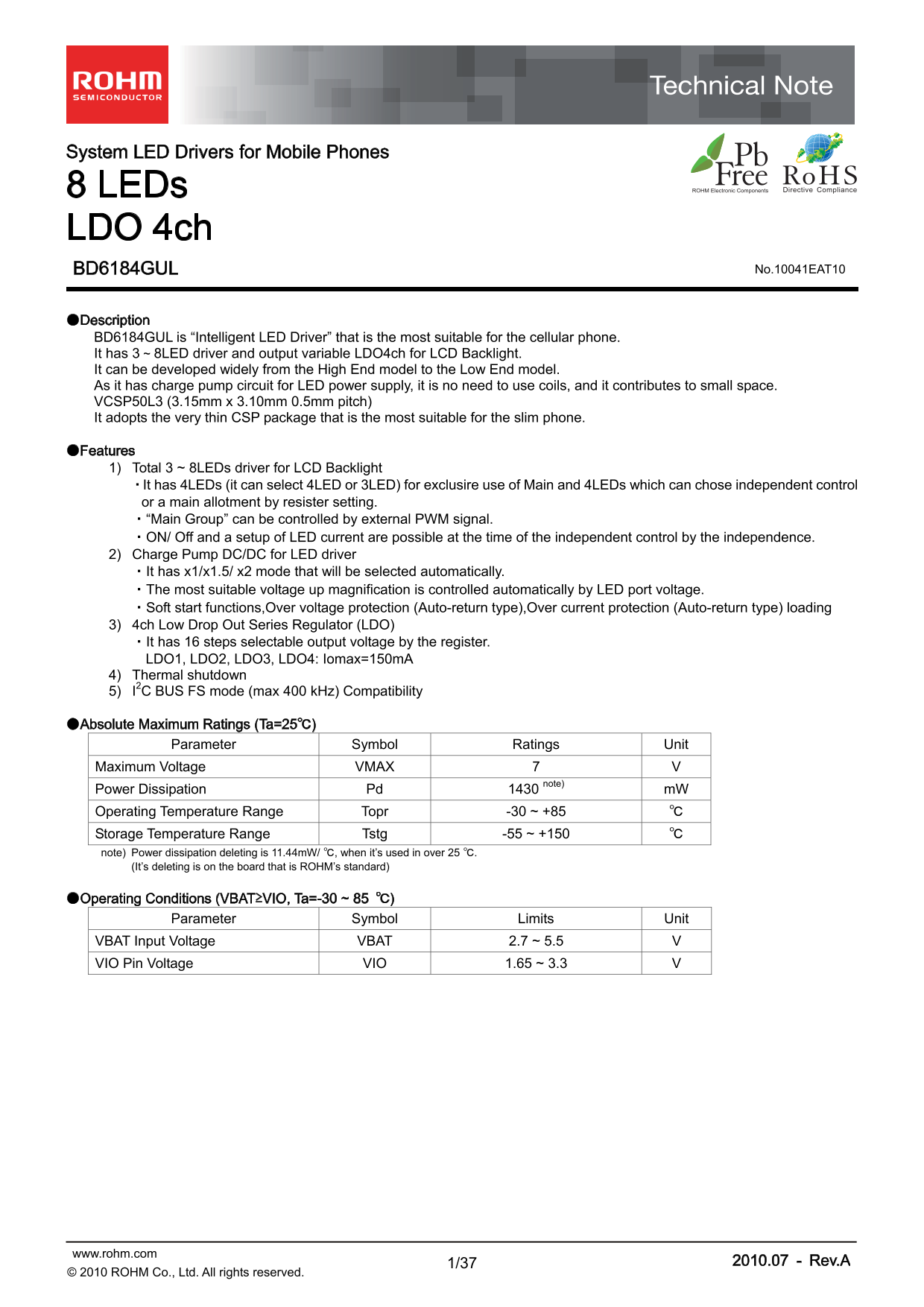 ROHM BD6184GUL Data Sheet - Page 1