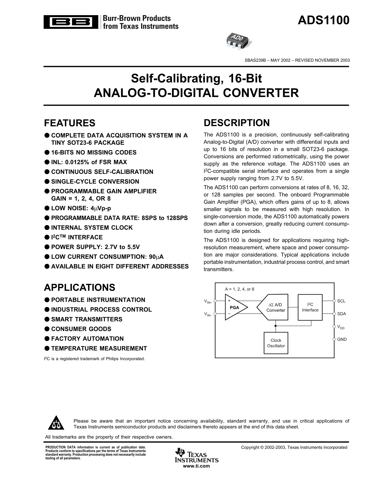 Texas Instruments ADS1100 Data Sheet User Guide - Page 1