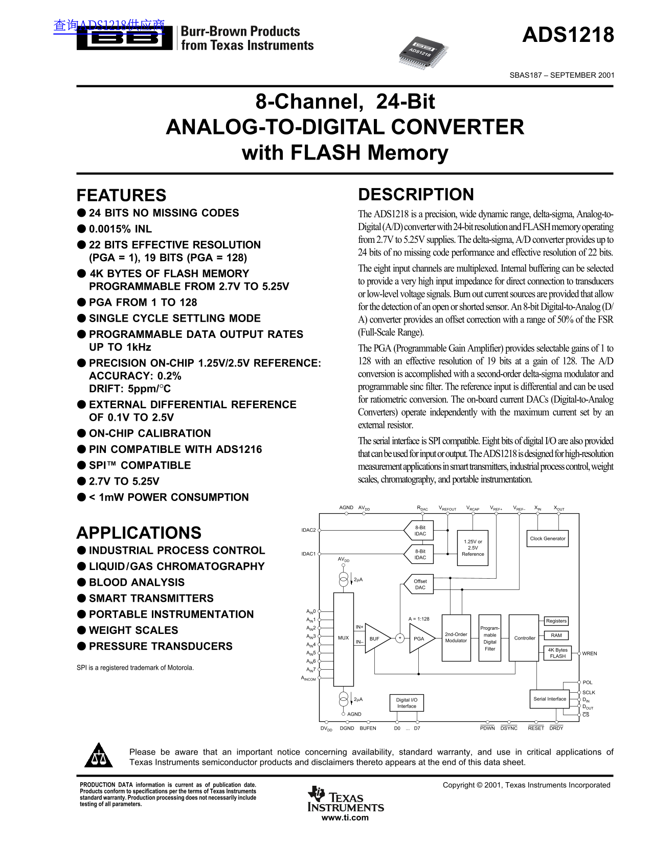 Texas Instruments ADS1218 Data Sheet / Manual - Page 1