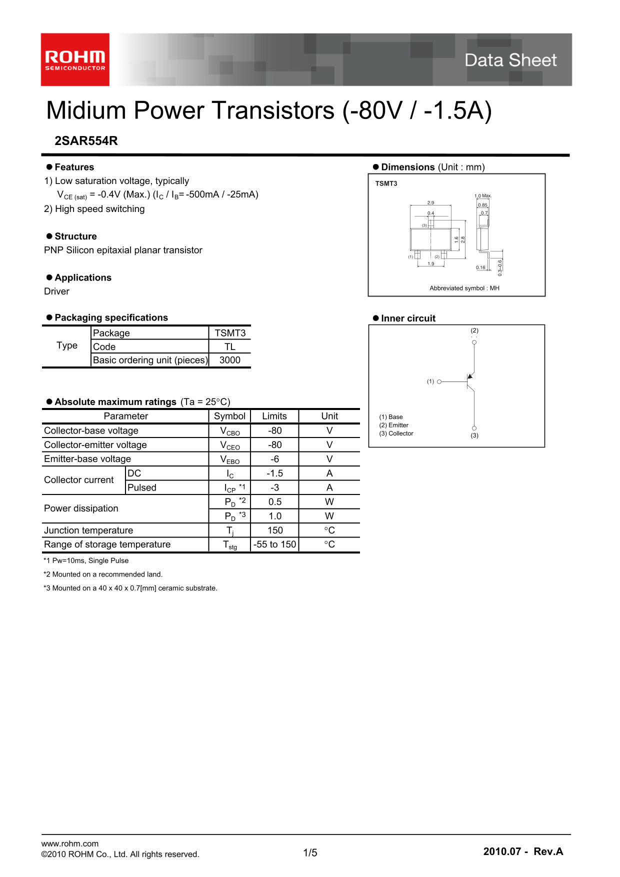 ROHM 2SAR554R datasheet user manual - Page 1