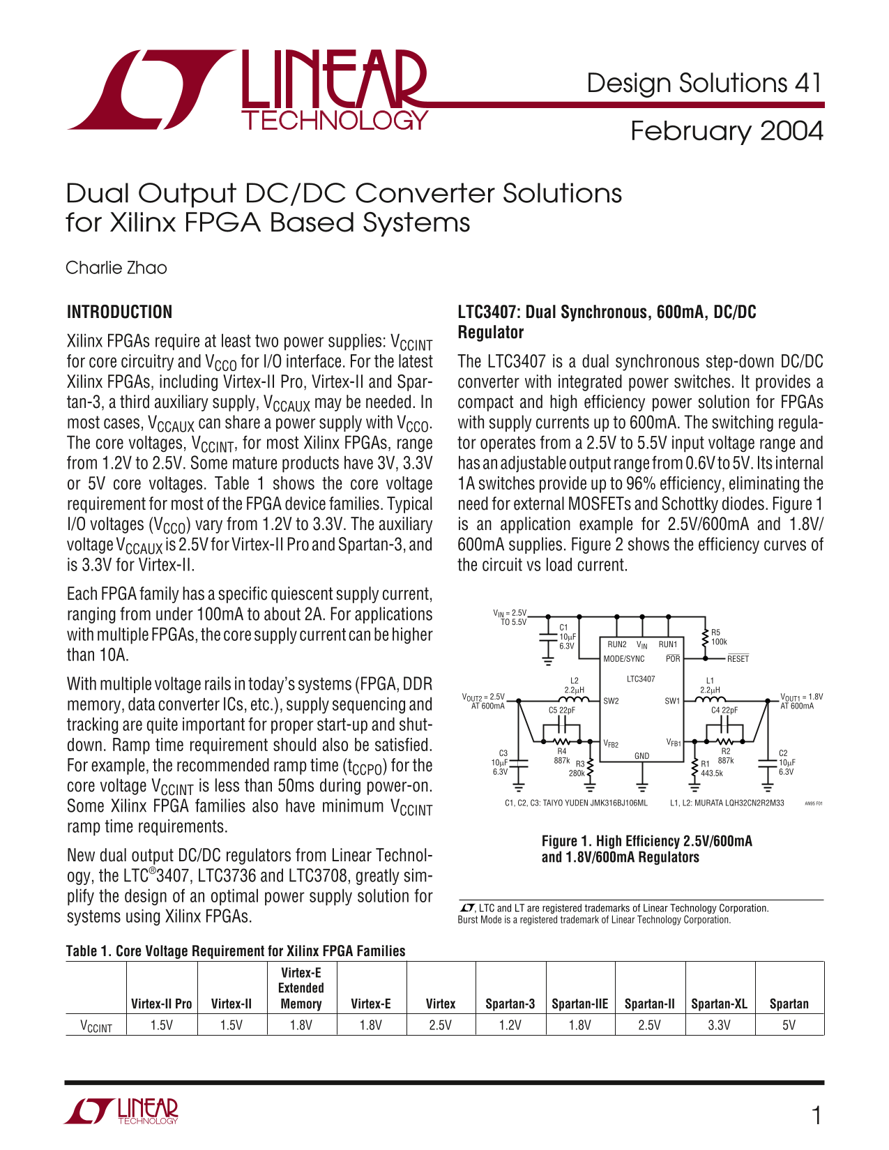 LINEAR Dual Output DC-DC Converter Solutions for Xilinx FPGA-Based Systems - Page 1