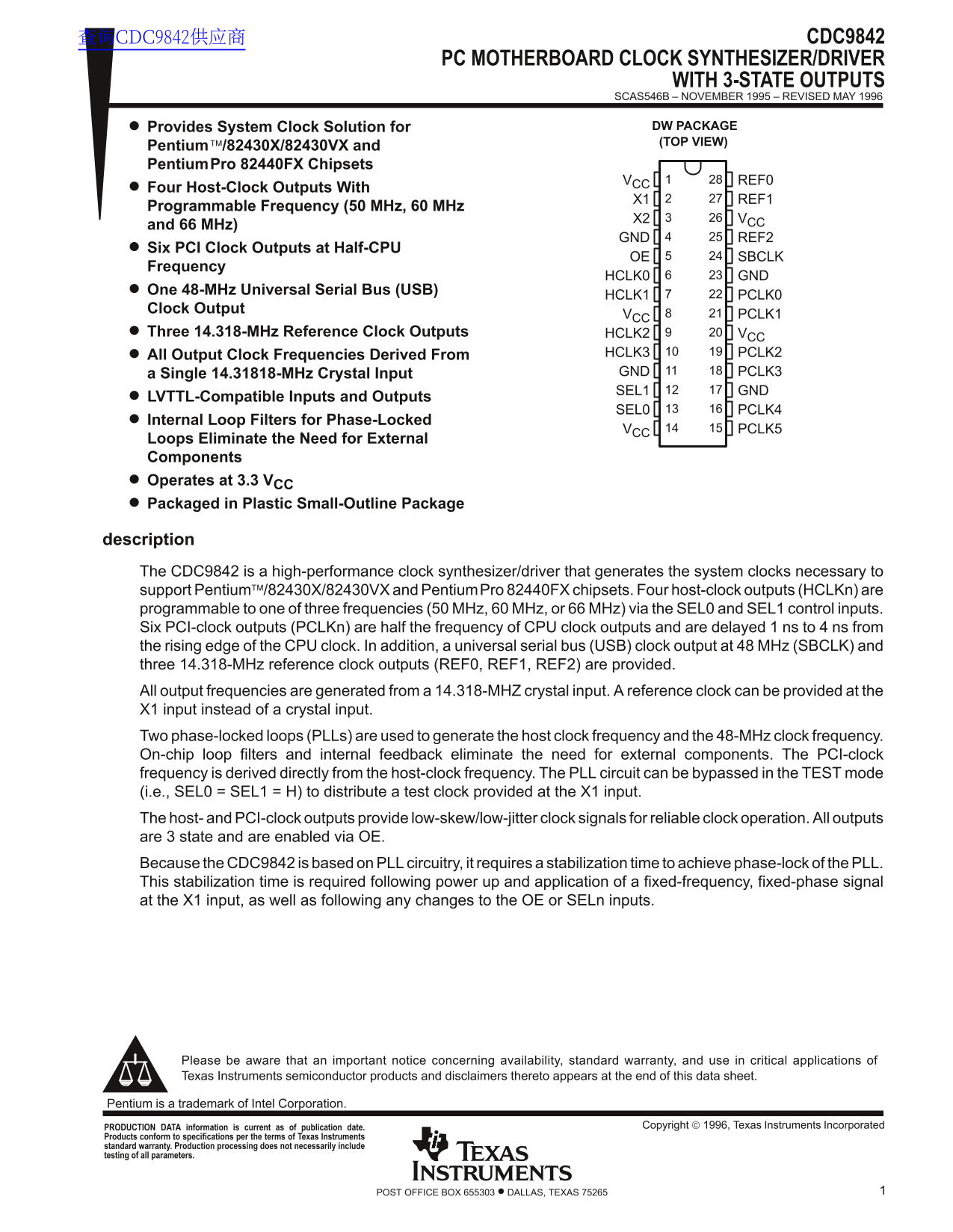 Texas Instruments CDC9842 PC Motherboard Clock Synthesizer Driver with 3-State Outputs - Page 1