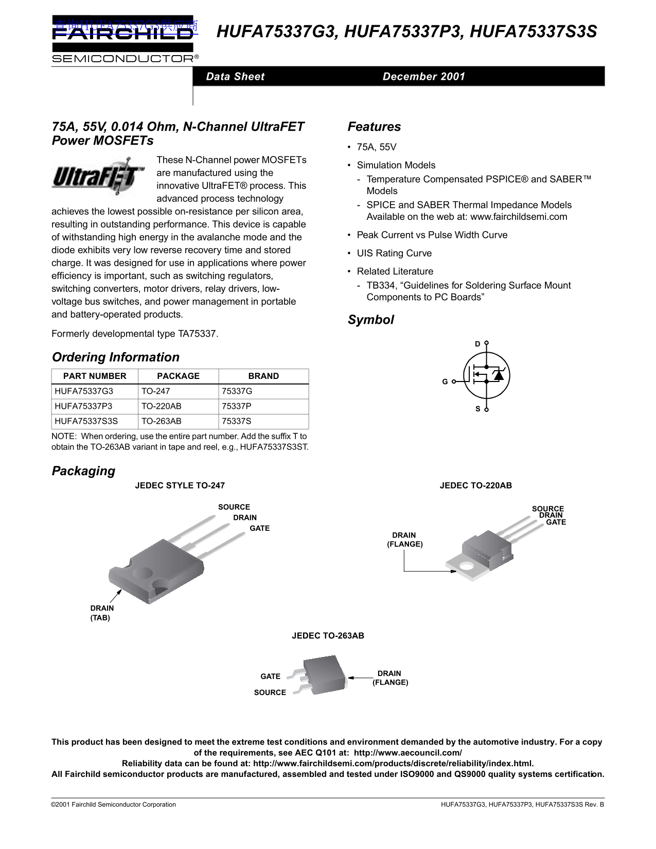FAIRCHILD HUFA75337G3, HUFA75337P3, HUFA75337S3S Data Sheet - Page 1