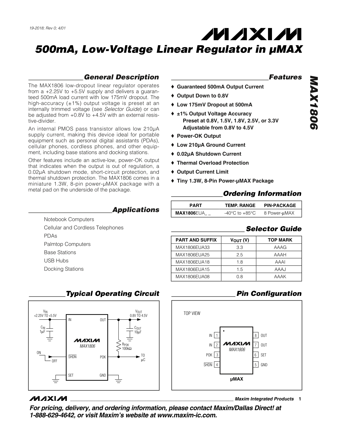 MAXIM MAX1806 500mA, Low-Voltage Linear Regulator Data Sheet - µMAX User Manual - Page 1