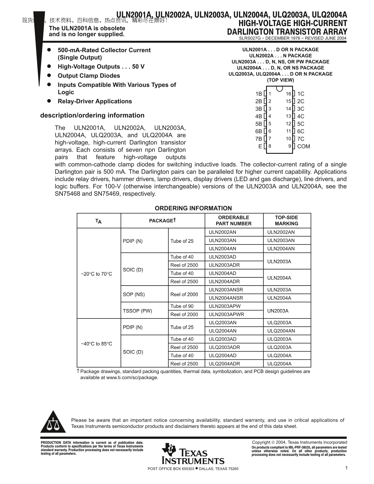 Texas Instruments ULN2001A, ULN2002A, ULN2003A, ULN2004A, ULQ2003A, ULQ2004A User Manual (1-1) Owner's Manual (1-1) - Page 1