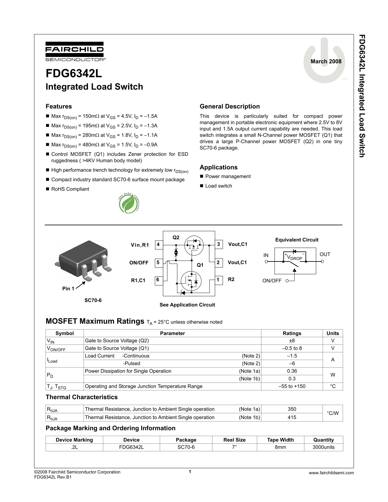 Fairchild FDG6342L Integrated Load Switch Data Sheet - Page 1