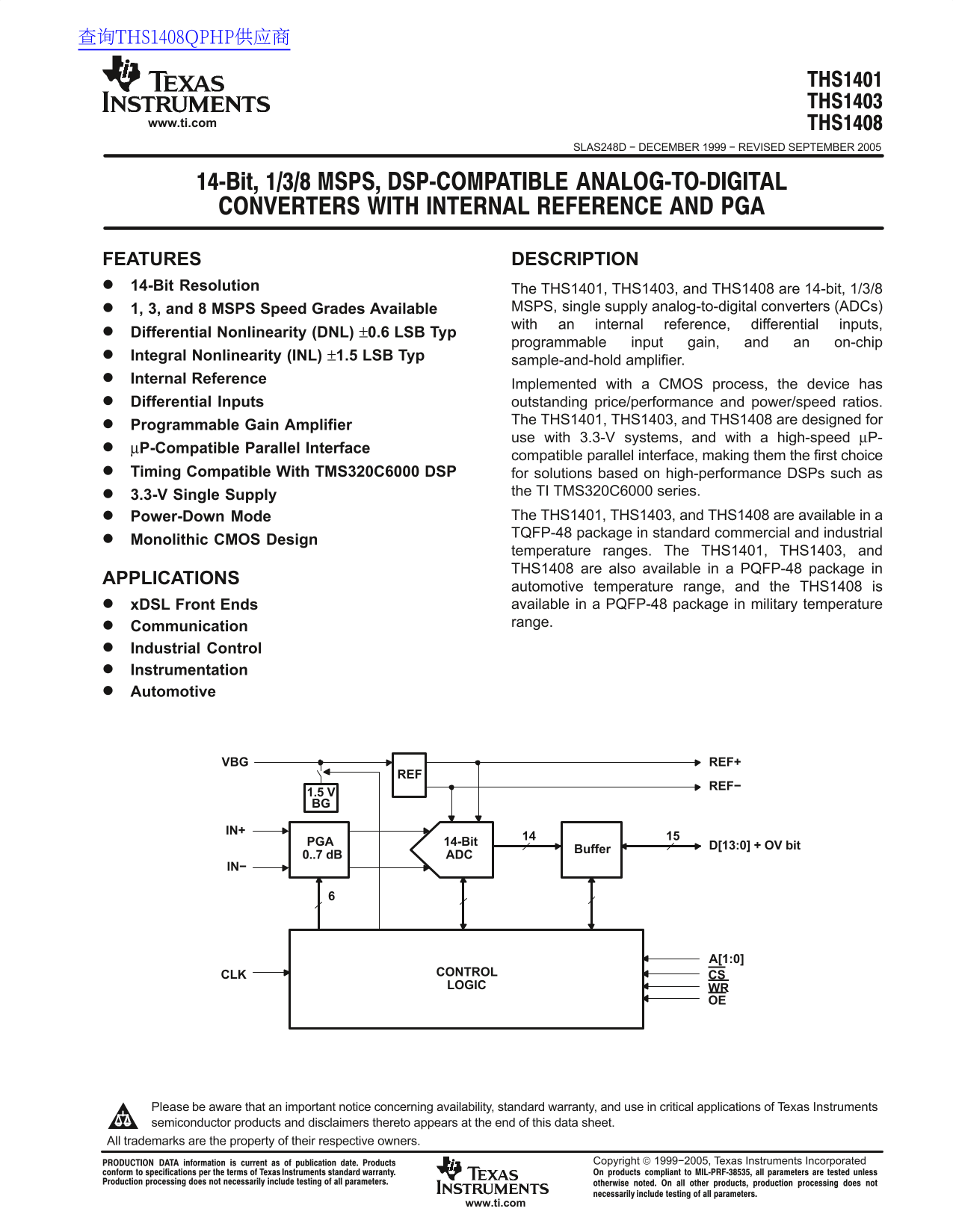 Texas Instruments THS1401 THS1403 THS1408 14-Bit, 1/3/8 MSPS DSP Compatible Analog-to-Digital Converters with Internal Reference and PGA - Page 1