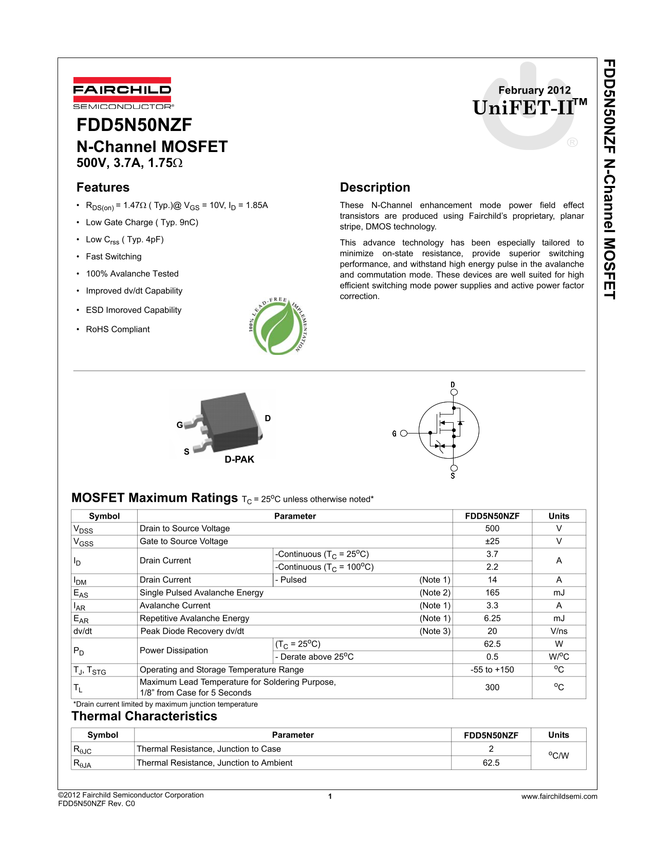 Fairchild FDD5N50NZF N-Channel MOSFET Data Handbook - Page 1
