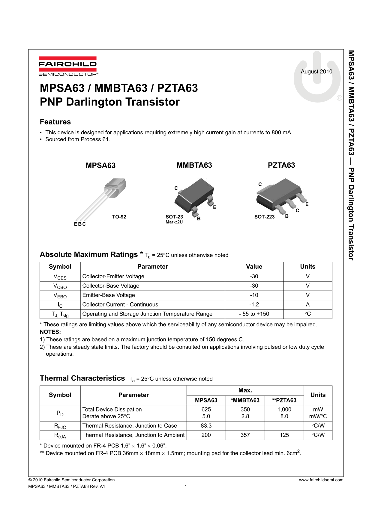 Fairchild MPSA63 MMBTA63 PZTA63 PNP Darlington Transistor User's Manual - Page 1