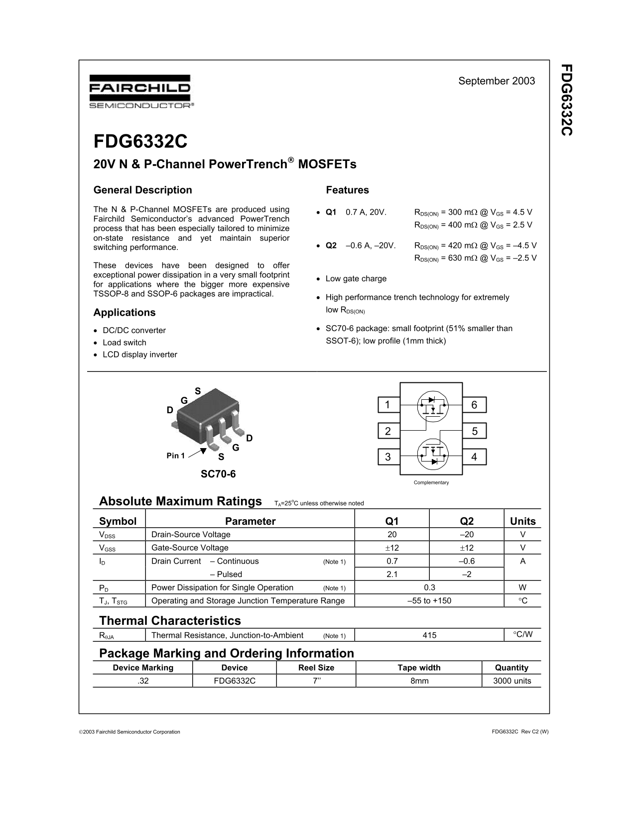 FAIRCHILD FDG6332C 20V N & P-Channel PowerTrench MOSFETs Data Handbook - Page 1