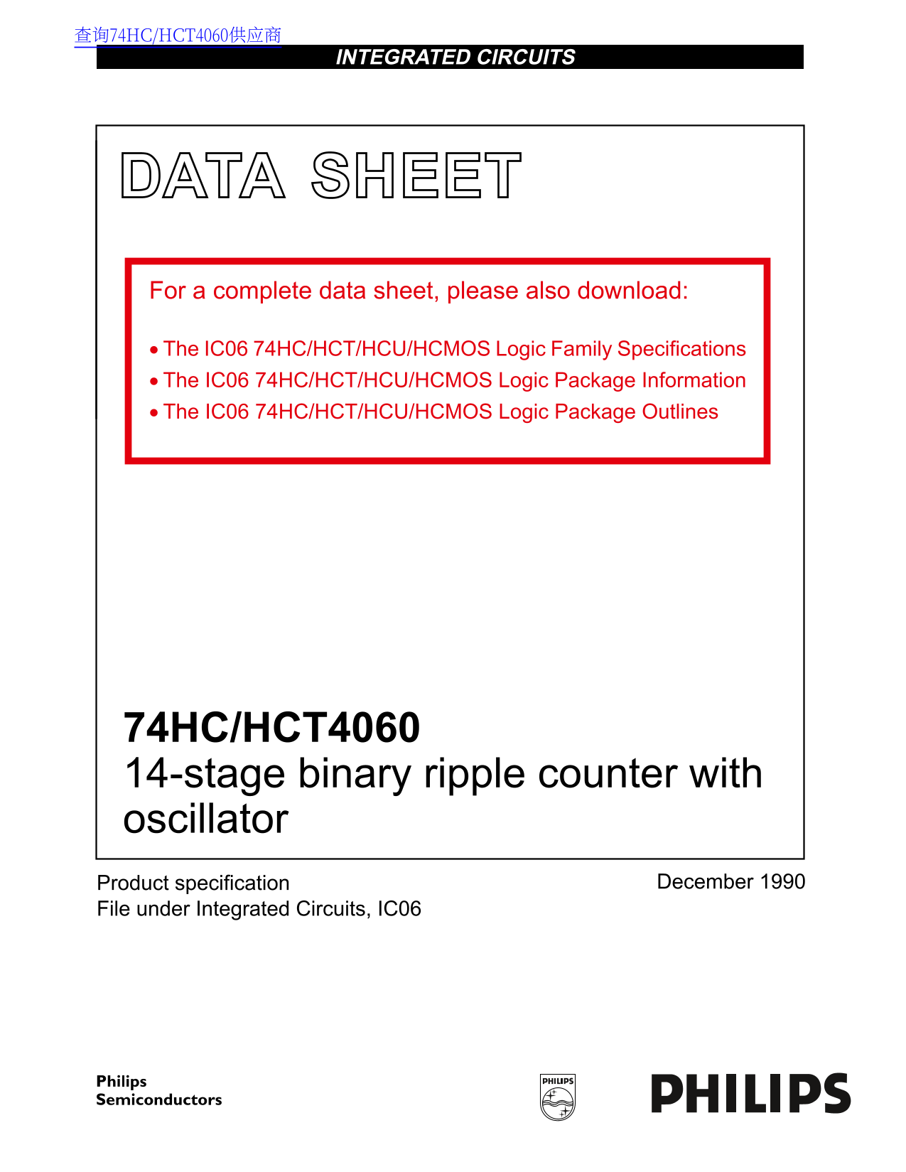 PHILIPS 74HC HCT4060 14-Stage Binary Ripple Counter With Oscillator - Data Manual, Specifications, User Guide - Page 1
