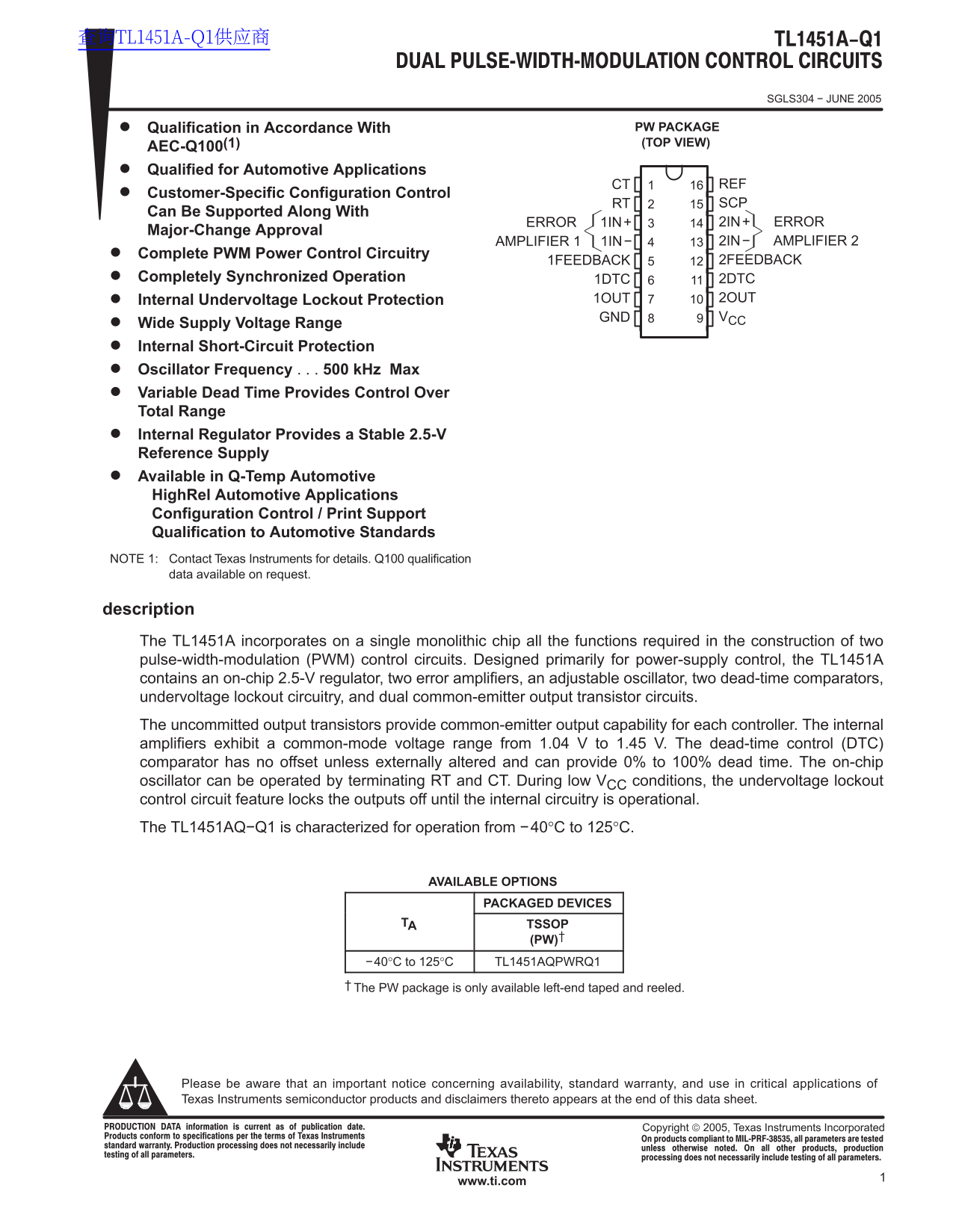 Texas Instruments TL1451A-Q1 Data Sheet - Page 1