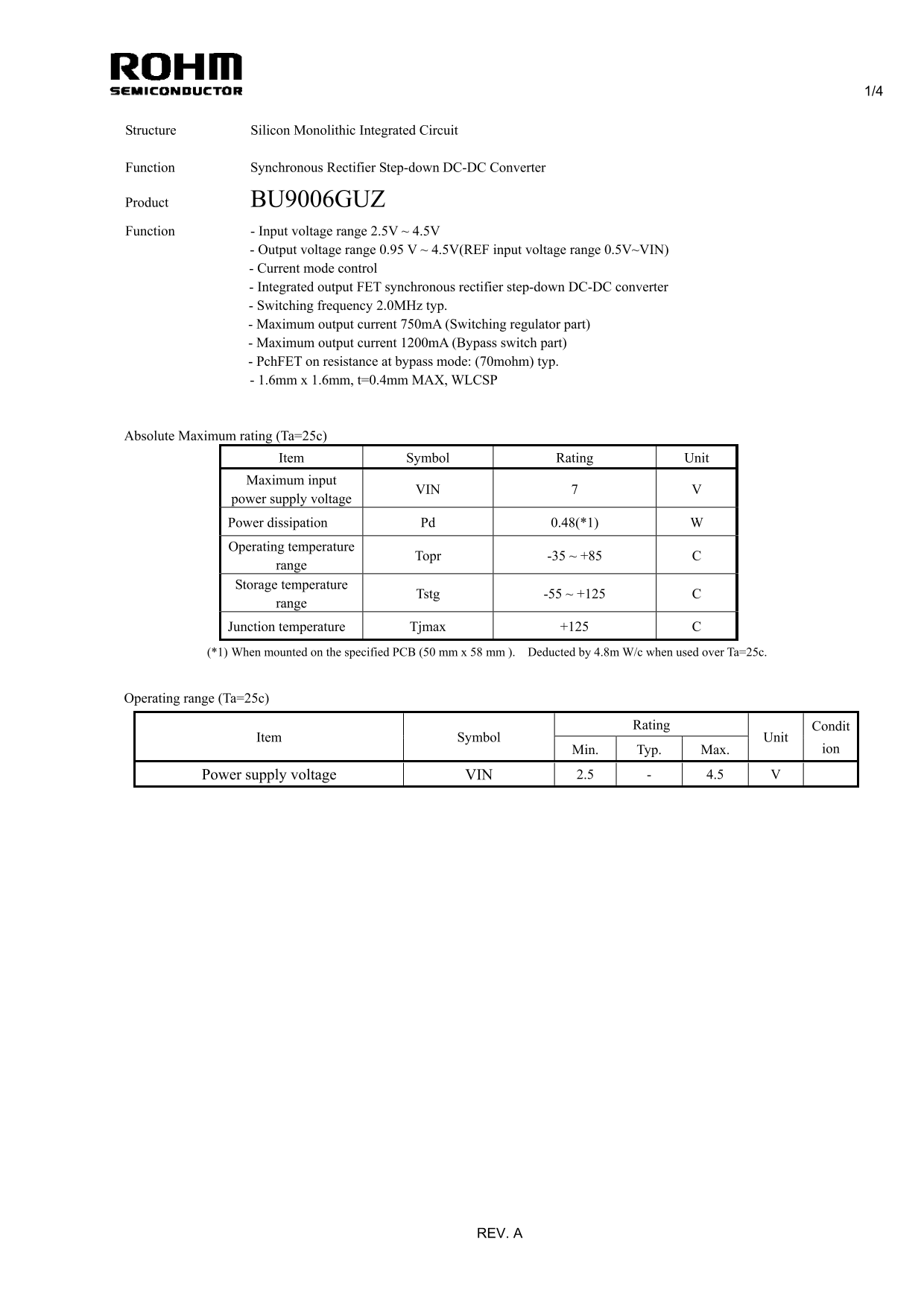 ROHM BU9006GUZ Data Sheet - Page 1