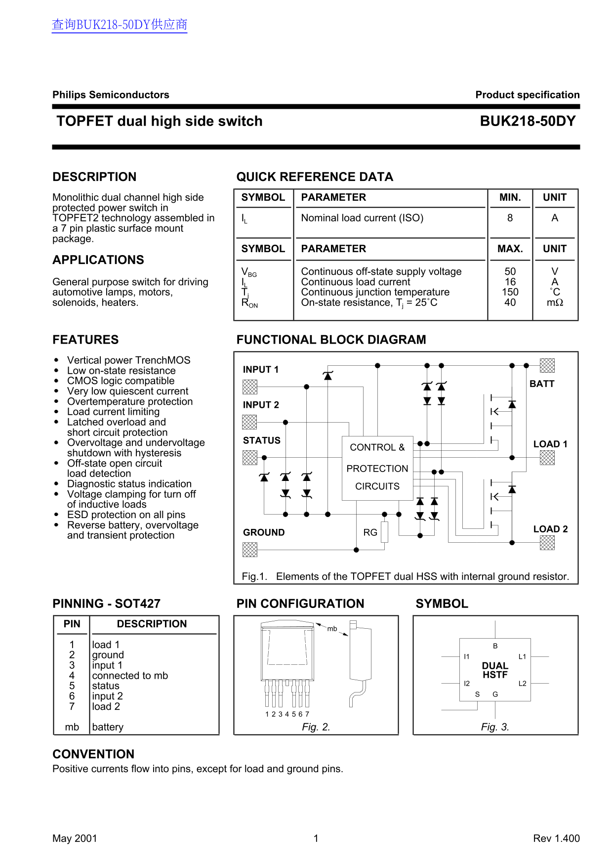 Philips TOPFET dual high side switch BUK218-50DY Data Sheet - Page 1