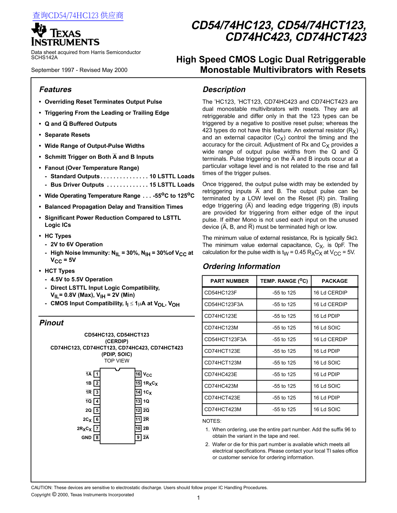 Texas Instruments CD54 74HC123, 74HCT123, 74HC423, 74HCT423 High Speed CMOS Logic Dual Retriggerable Monostable Multivibrators with Resets - Page 1