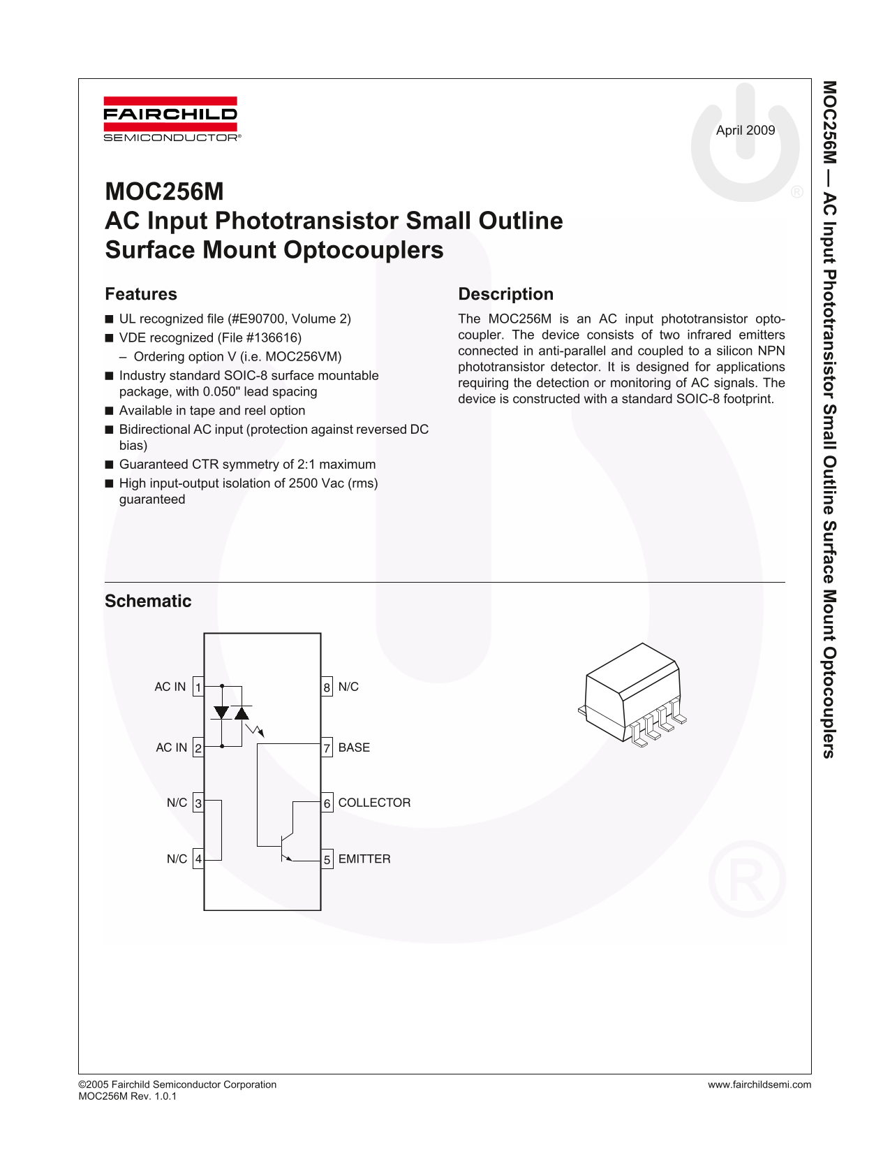 Fairchild MOC256M AC Input Phototransistor - Small Outline Surface Mount Optocoupler Data Sheet - Page 1