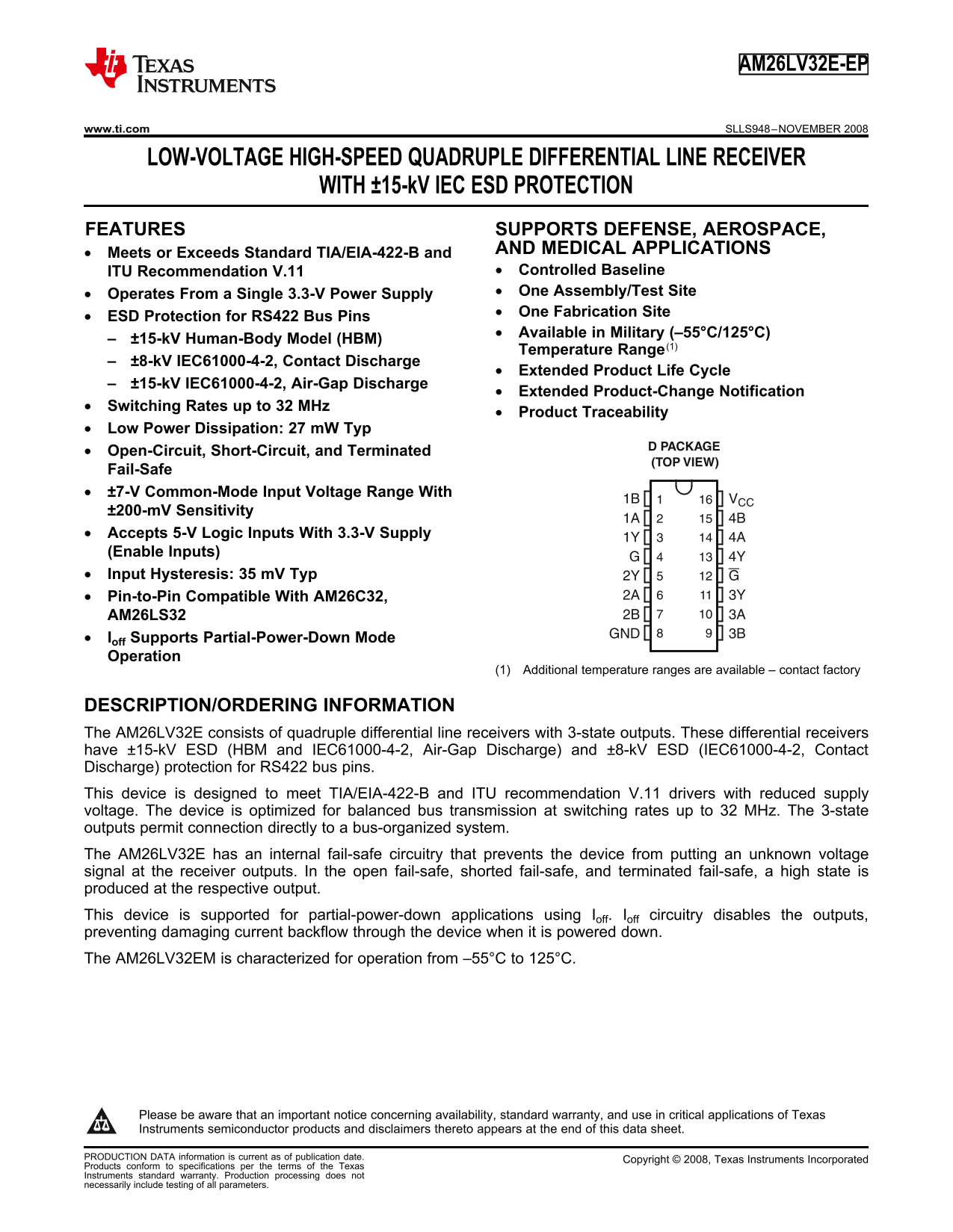 Texas Instruments AM26LV32E-EP Data Sheet - Page 1