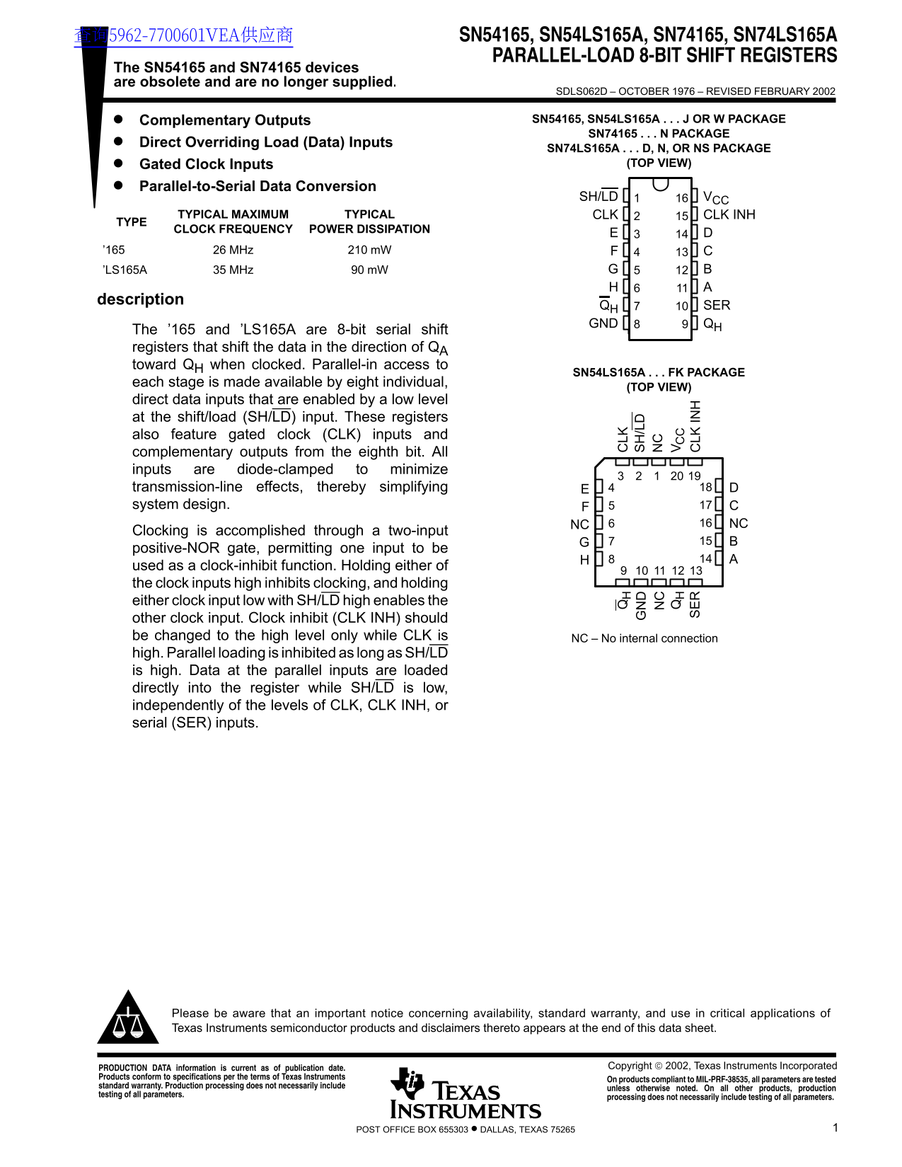Texas Instruments SN54165, SN54LS165A, SN74165, SN74LS165A Data Sheet Manual - Page 1