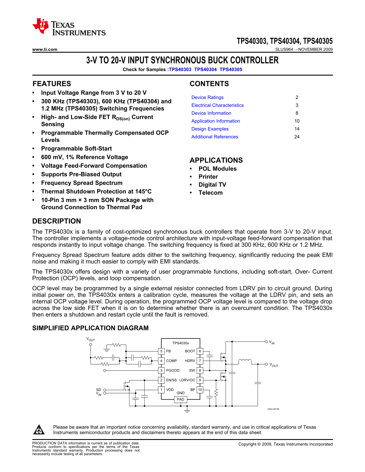 TEXAS INSTRUMENTS - TPS40303, TPS40304, TPS40305 Data Sheet - Page 1