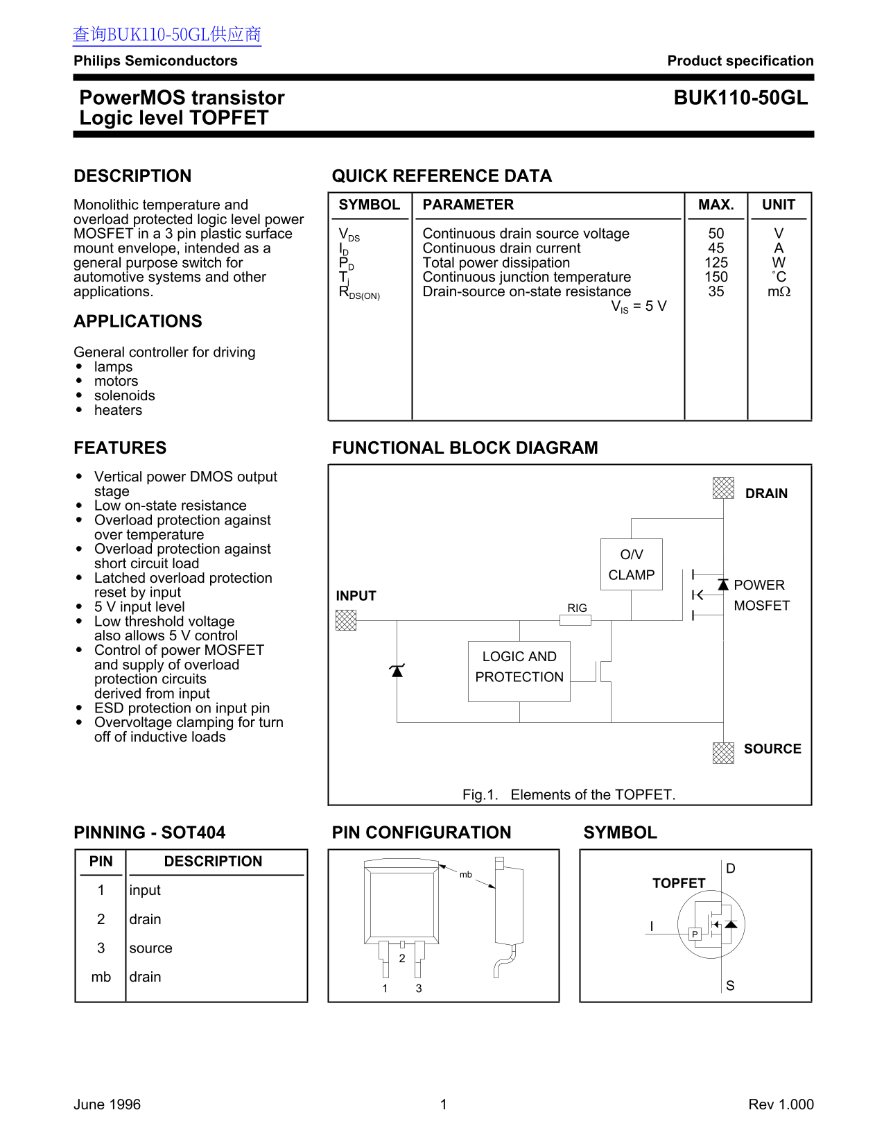 Philips Semiconductors PowerMOS Transistor BUK110-50GL Data Sheet - Page 1