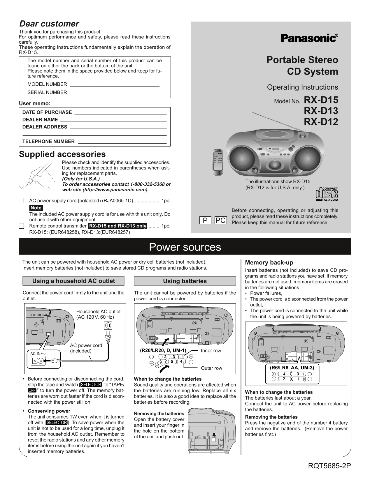 Panasonic RX-D15 / RX-D13 / RX-12 Portable Stereo CD System Operating Instructions & Owner's Manual - Page 1