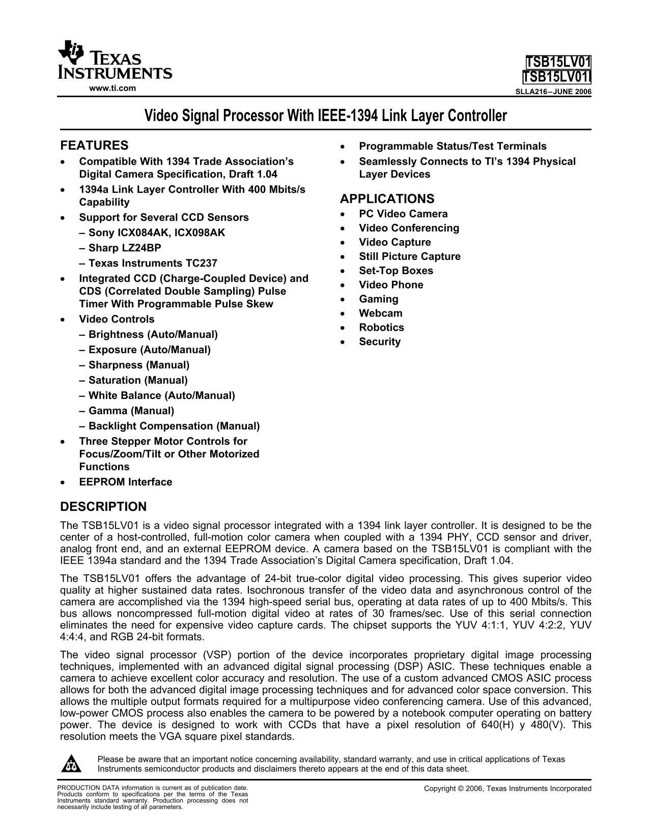 Texas Instruments TSB15LV01 TSB15LV01I Data Sheet Manual - Page 1