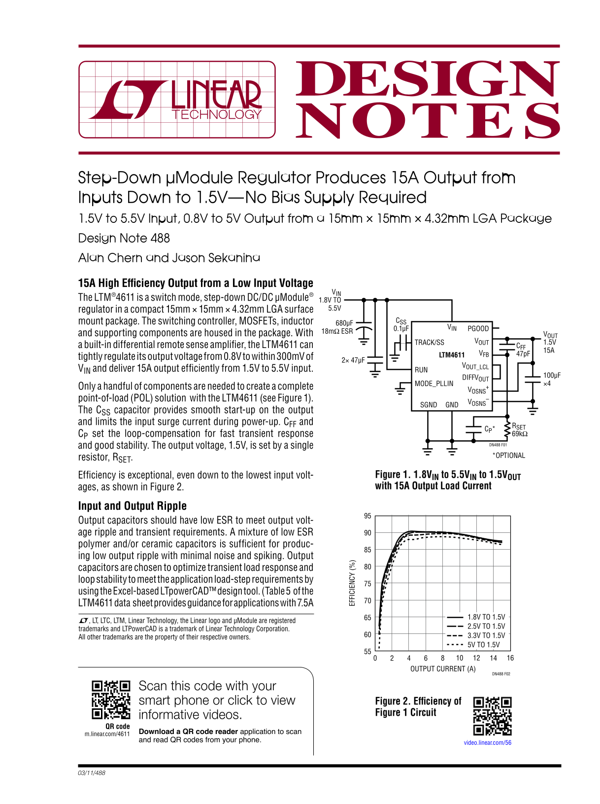 LINEAR Step-Down µModule Regulator Produces 15A Output from Inputs Down to 1.5V—No Bias Supply Required - Page 1