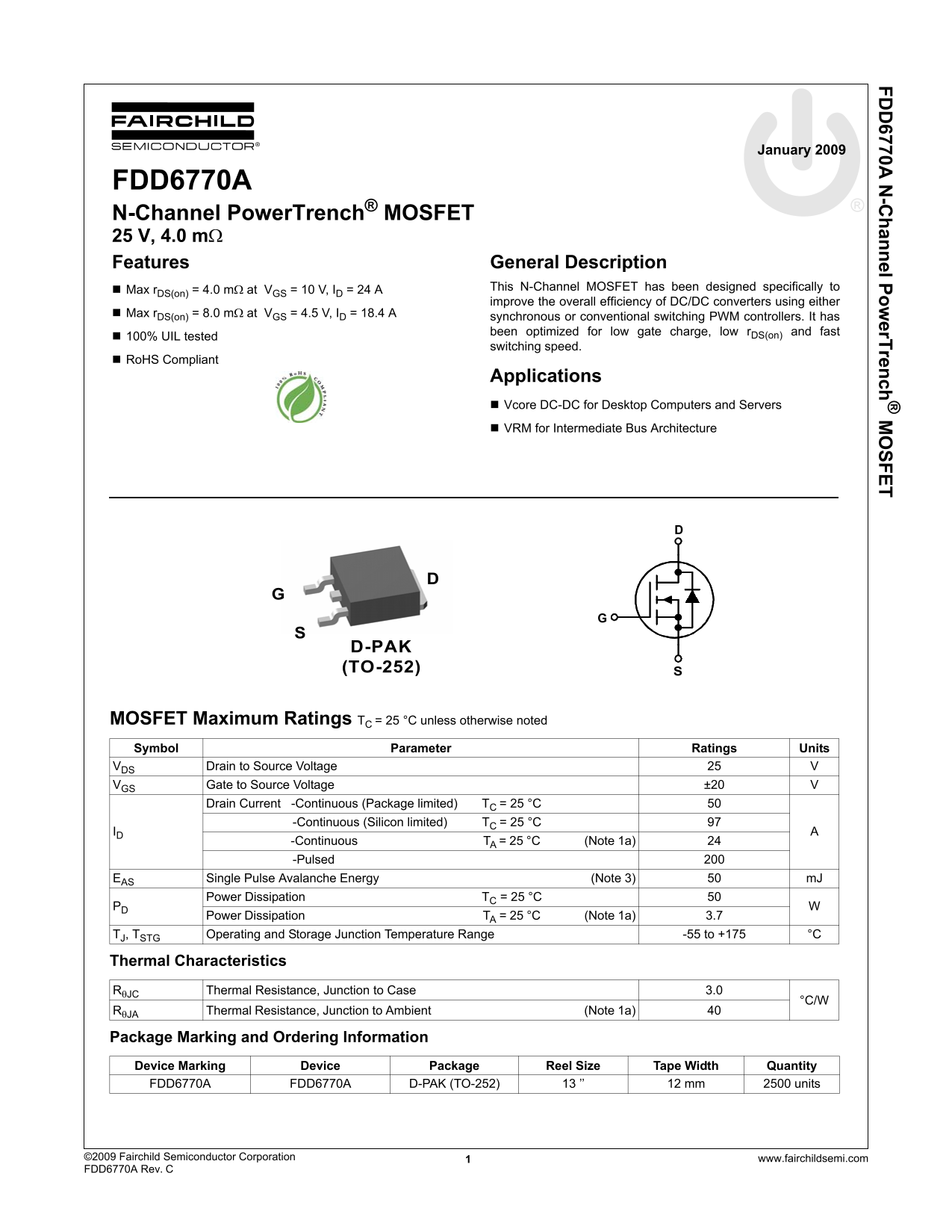 Fairchild FDD6770A Product Specifications - Page 1