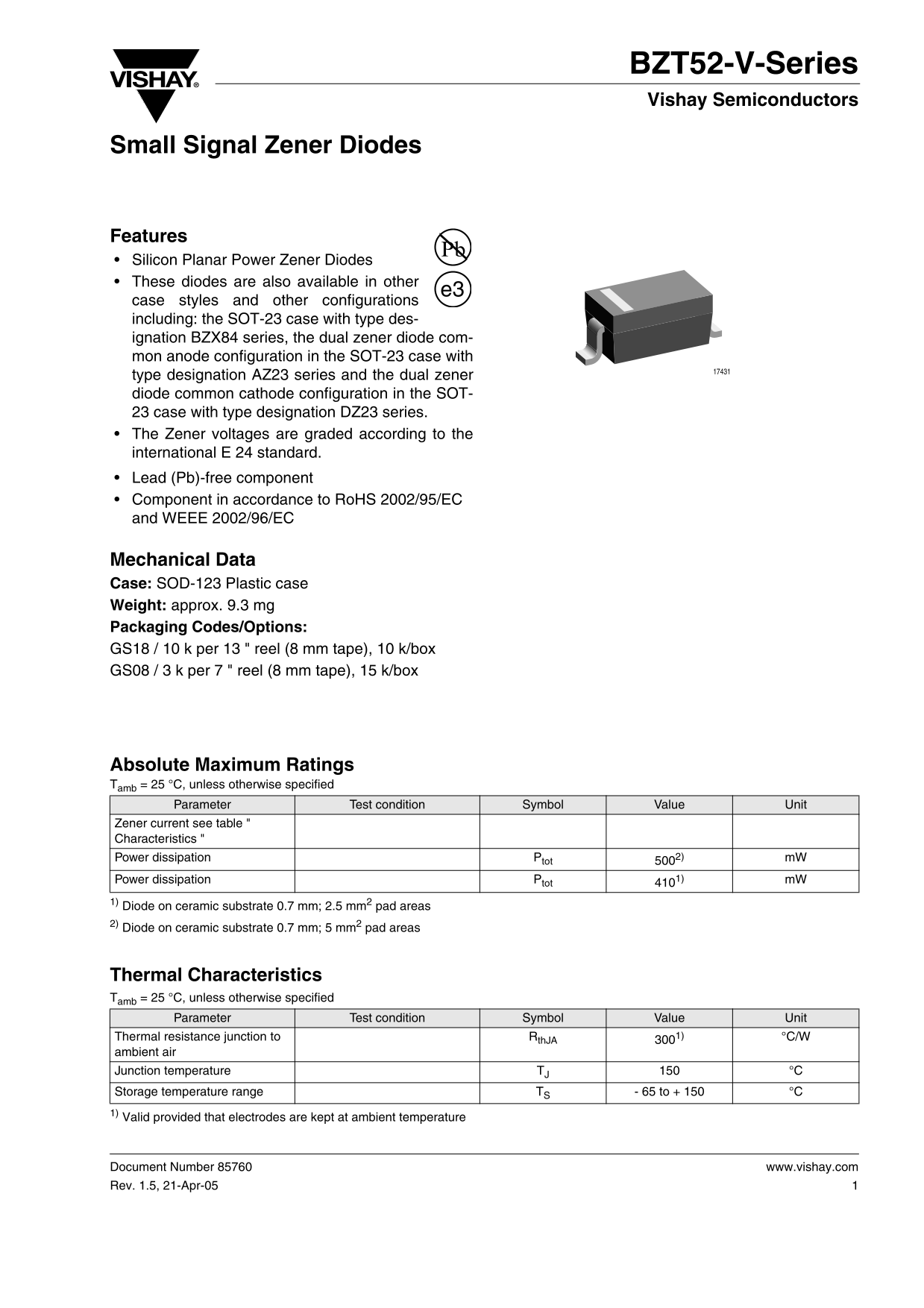 Vishay Semiconductor BZT52-V-Series User's Manual and Specifications - Page 1