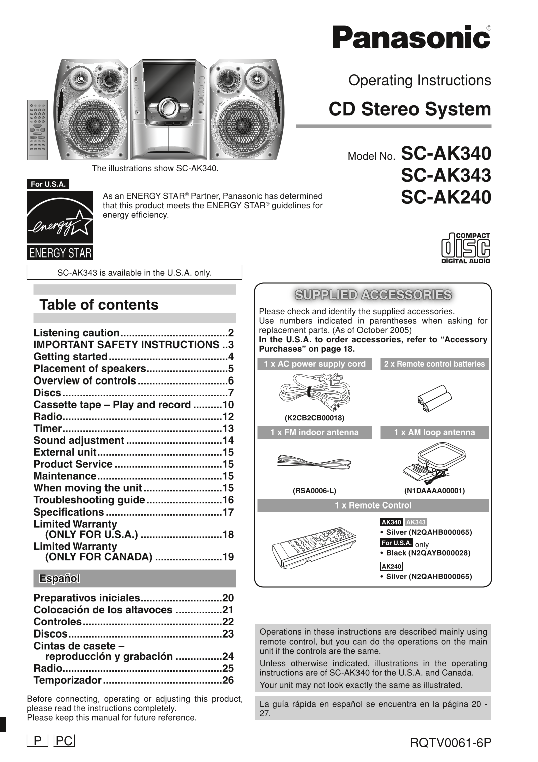 Panasonic Operating Instructions CD Stereo System Model Nos. SC-AK340, SC-AK343, SC-AK240 Owner's Manual - User Guide - Page 1