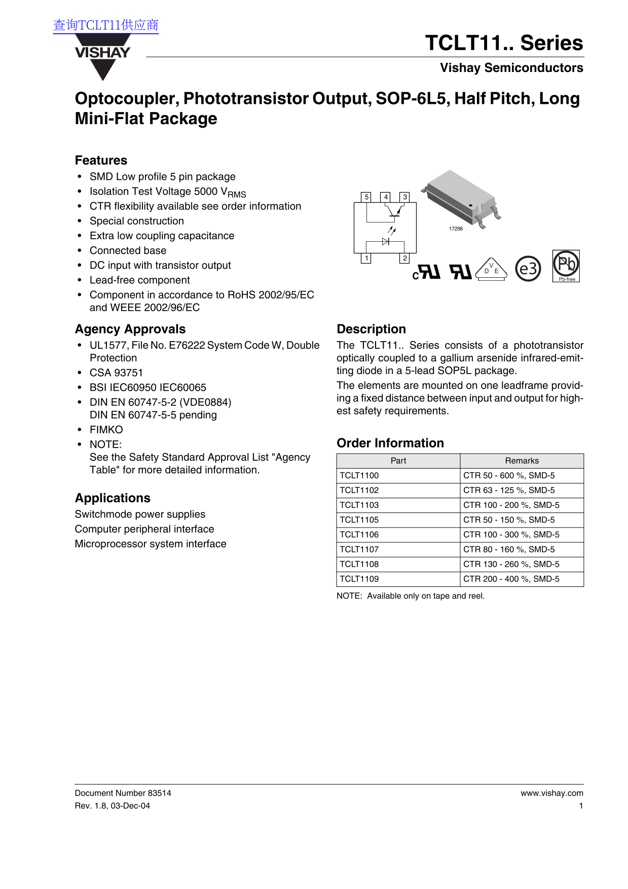 Vishay TCLT11... Series Data Sheet - Page 1