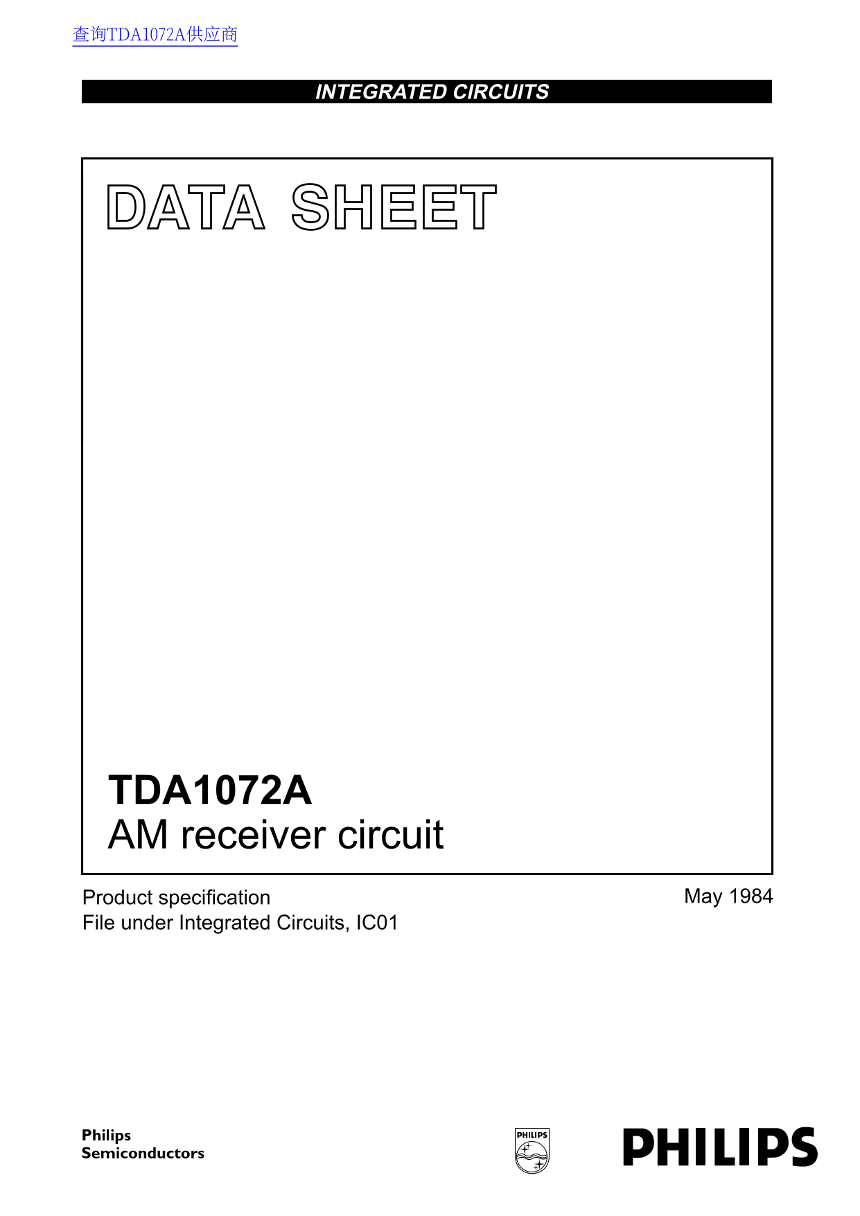 PHILIPS TDA1072A AM Receiver Circuit Data Manual User Guide - Page 1