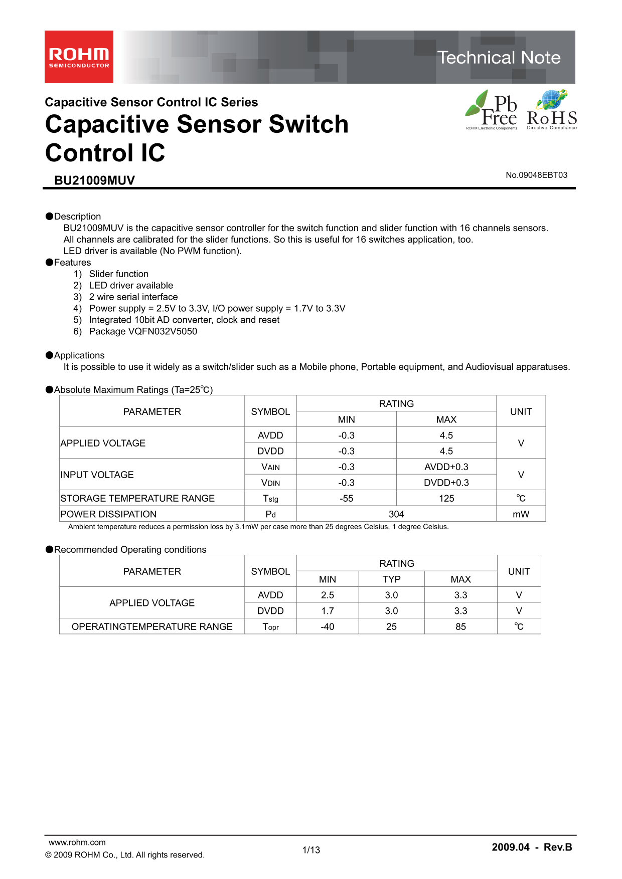 ROHM BU21009MUV Data Manual - Page 1